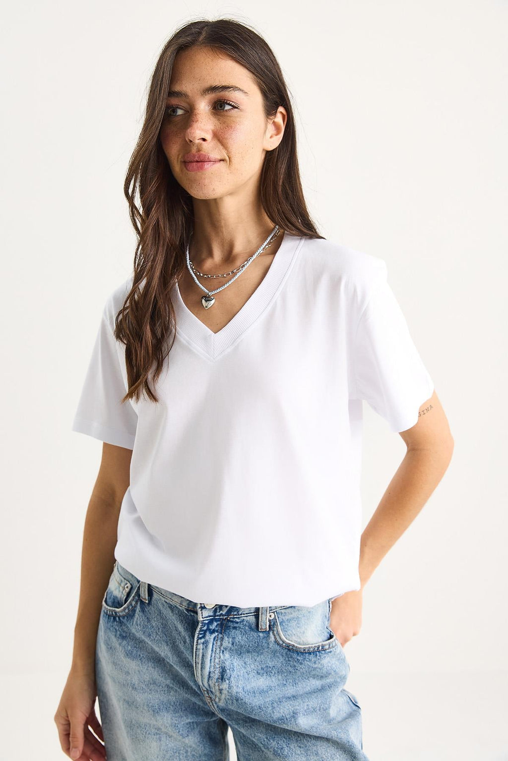 100% Organic Cotton Deep V-Neck Comfort Fit T-Shirt 60602066 - White