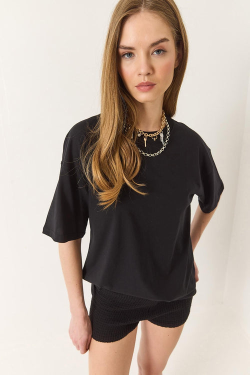 100% Organic Cotton Relaxed Fit Slit Round Neck T-Shirt 60602047 - Black