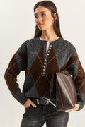 11-Button Baklava Pattern Basic Knit Sweater 20251089 - Anthracite-Brown