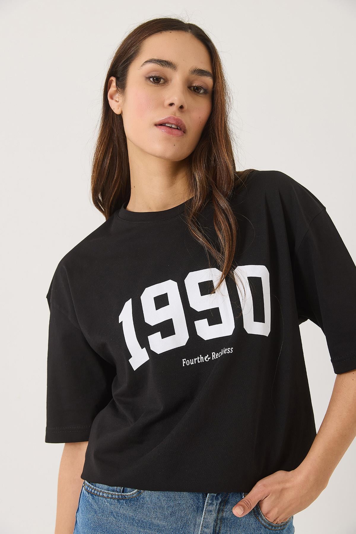 1990 Printed Crew Neck Short Sleeve Oversize Basic T-Shirt 0266 60283159 - Black