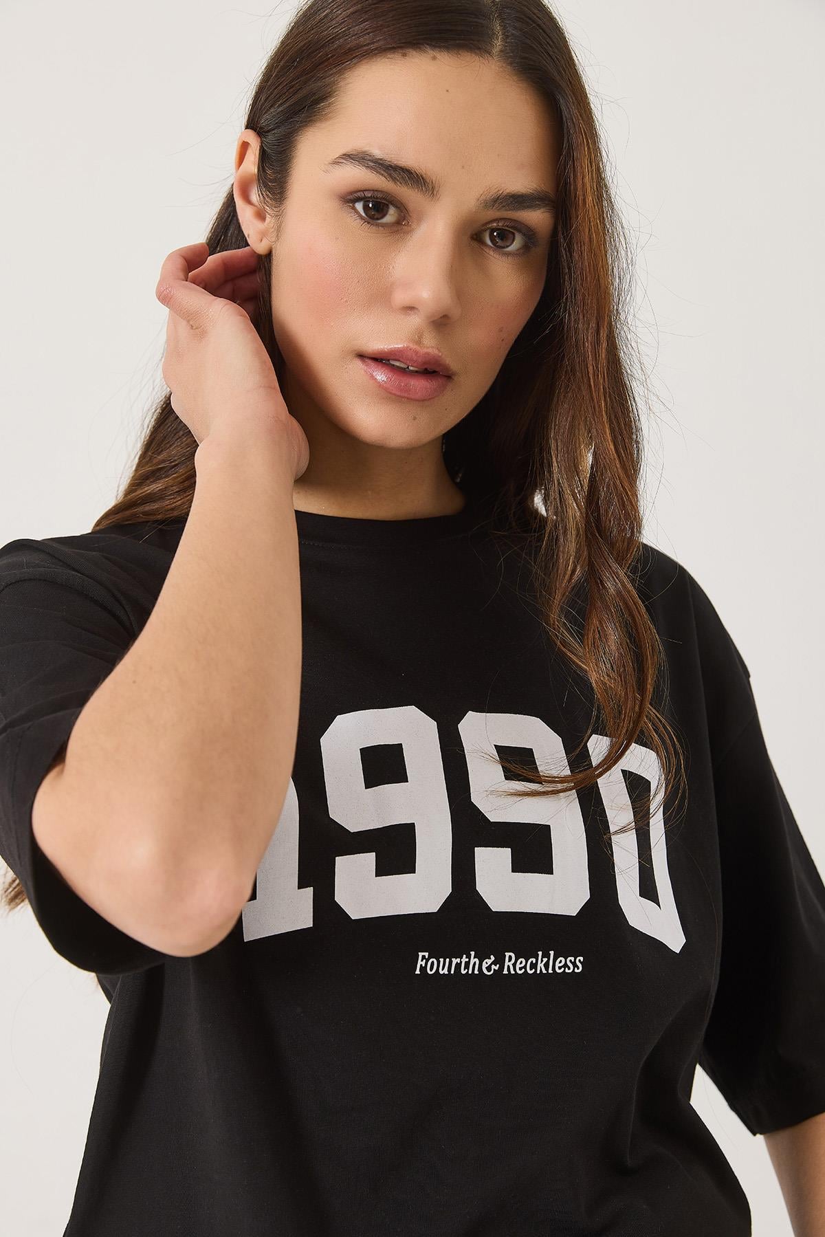 1990 Printed Crew Neck Short Sleeve Oversize Basic T-Shirt 0266 60283159 - Black