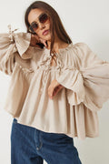 Tie-Detail Balloon Sleeve Loose-Fitting Waffle Blouse 252 60282002 - Beige