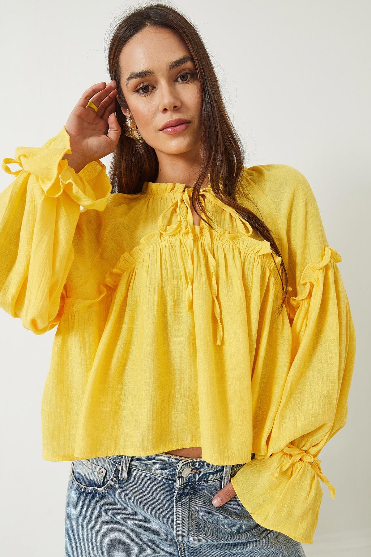 Tie-Detail Balloon Sleeve Loose-Fitting Waffle Blouse 252 60282002 - Yellow