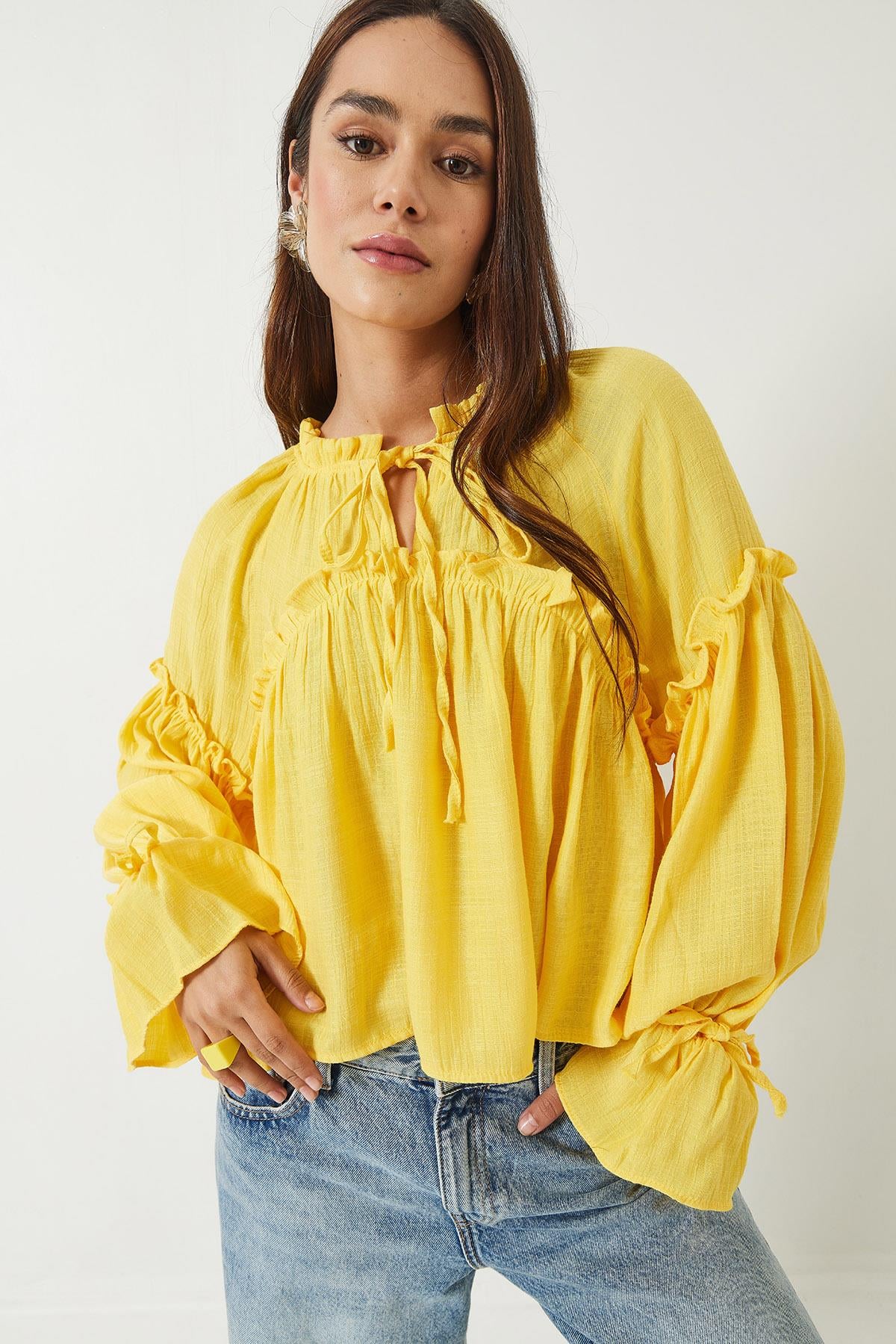Tie-Detail Balloon Sleeve Loose-Fitting Waffle Blouse 252 60282002 - Yellow