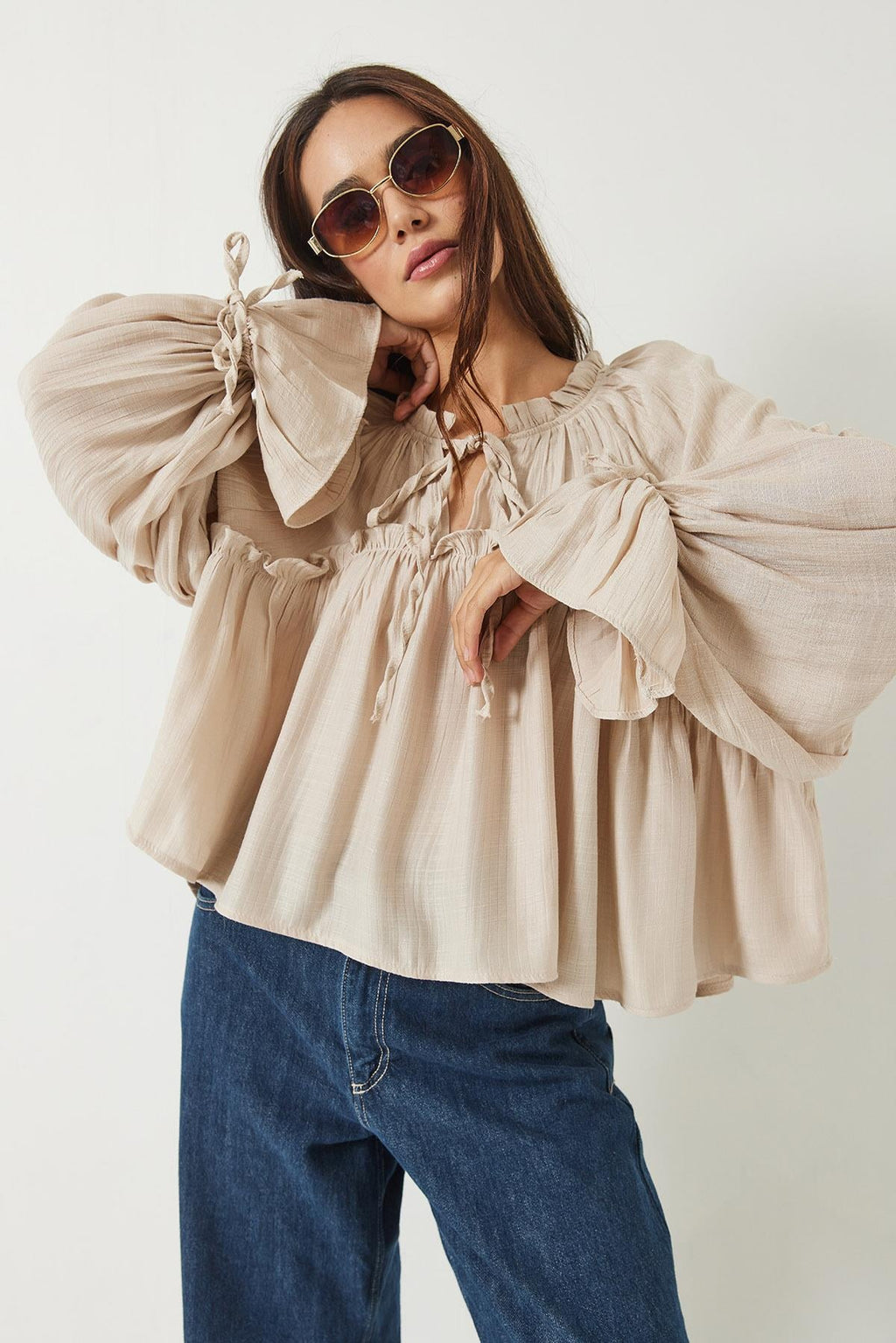 Tie-Detail Balloon Sleeve Loose-Fitting Waffle Blouse 252 60282002 - Beige