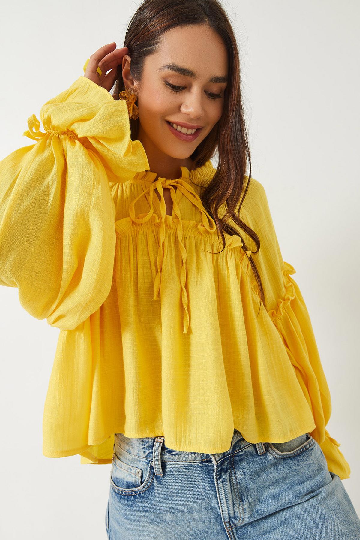 Tie-Detail Balloon Sleeve Loose-Fitting Waffle Blouse 252 60282002 - Yellow