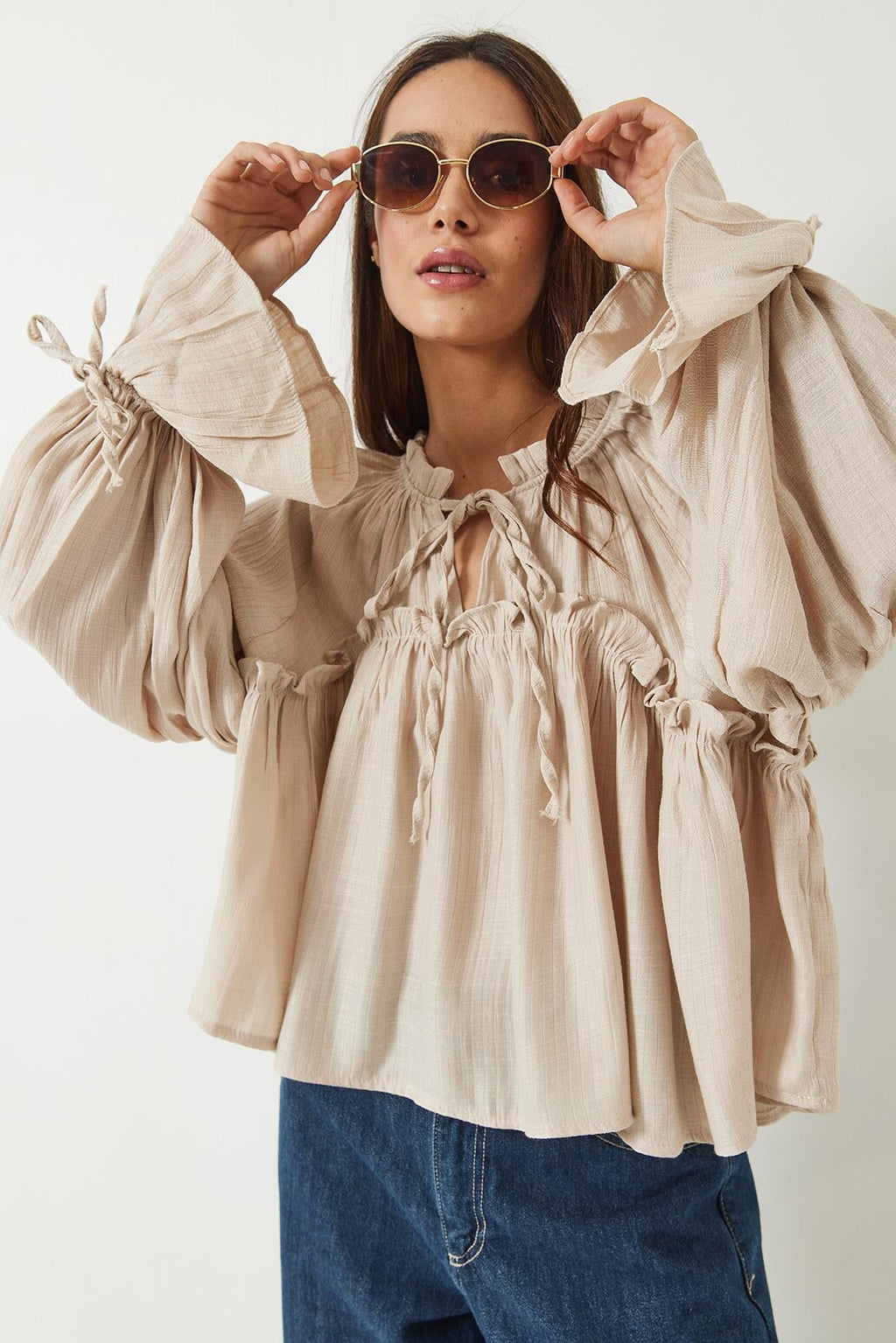Tie-Detail Balloon Sleeve Loose-Fitting Waffle Blouse 252 60282002 - Beige