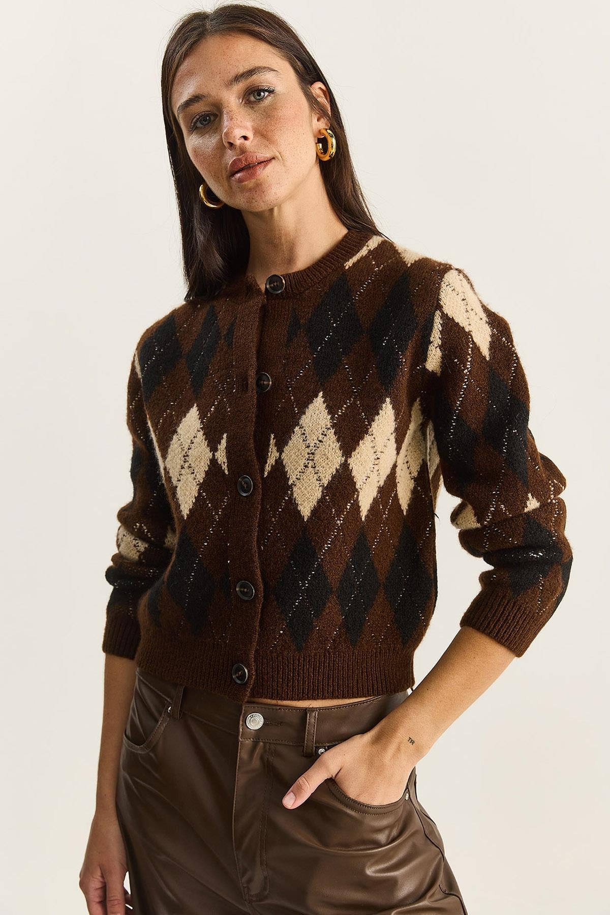 Baklava Patterned Crew Neck Cardigan 20251098 - Brown