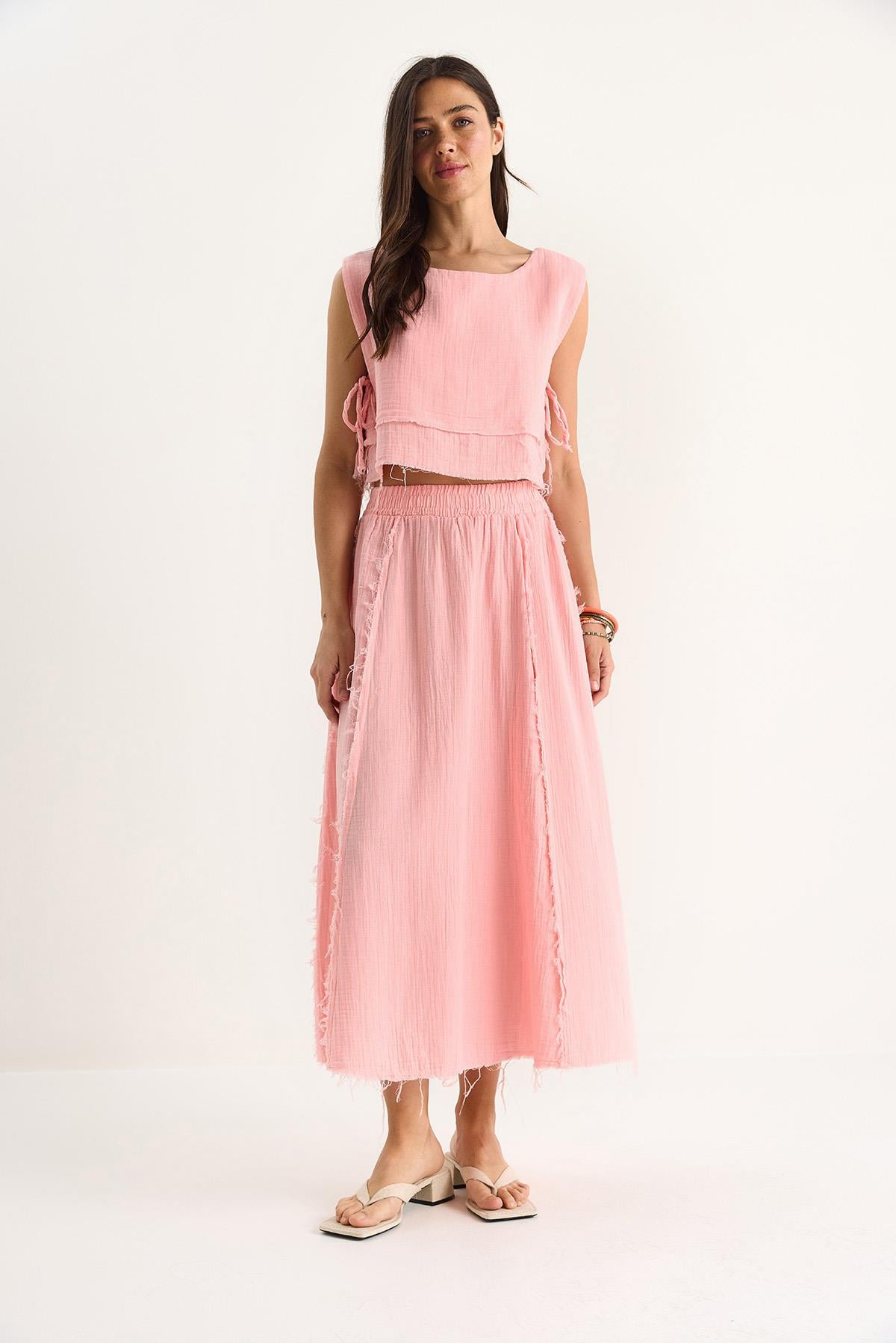 Elastic Waist Skirt with Side Tie Detail Crop Muslin Top and Bottom Set 60283236 - Candy Pink