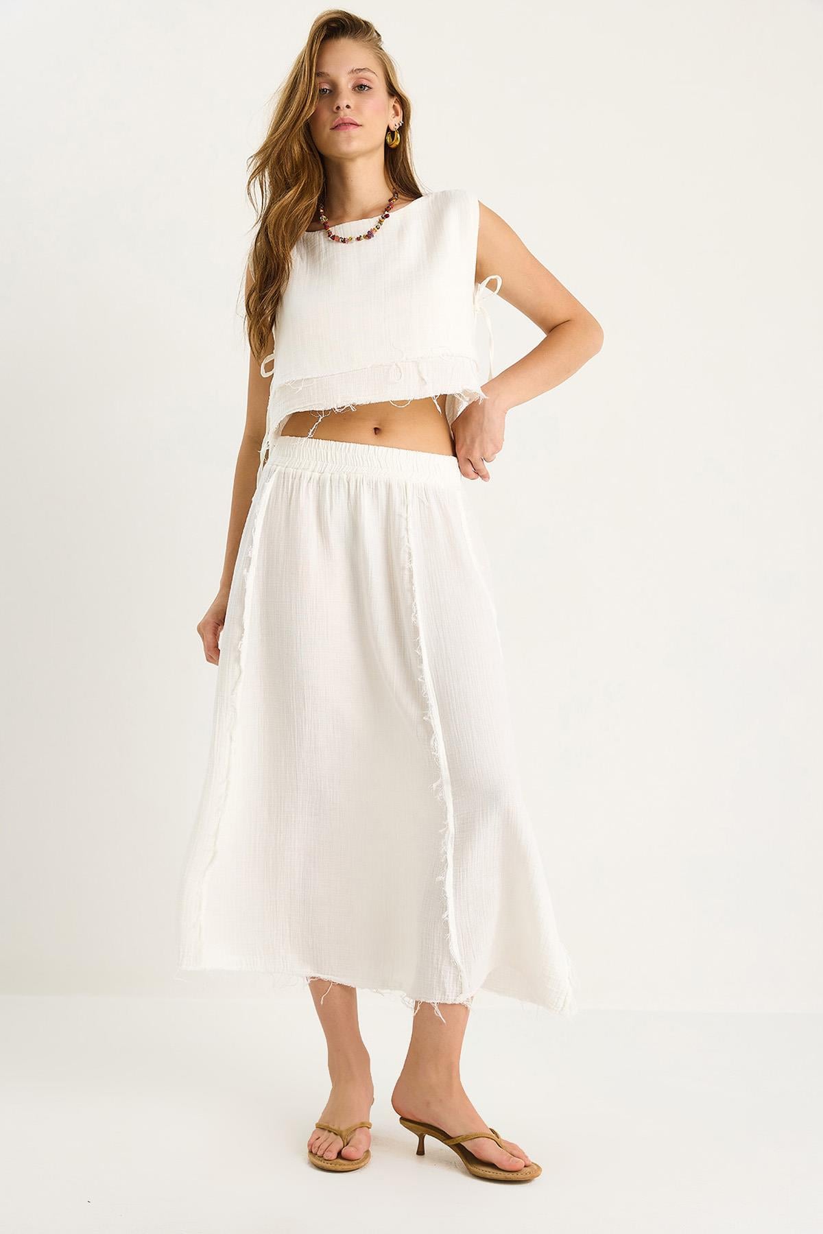 Elastic Waist Skirt with Side Tie Detail Crop Muslin Top and Bottom Set 60283236 - Ecru