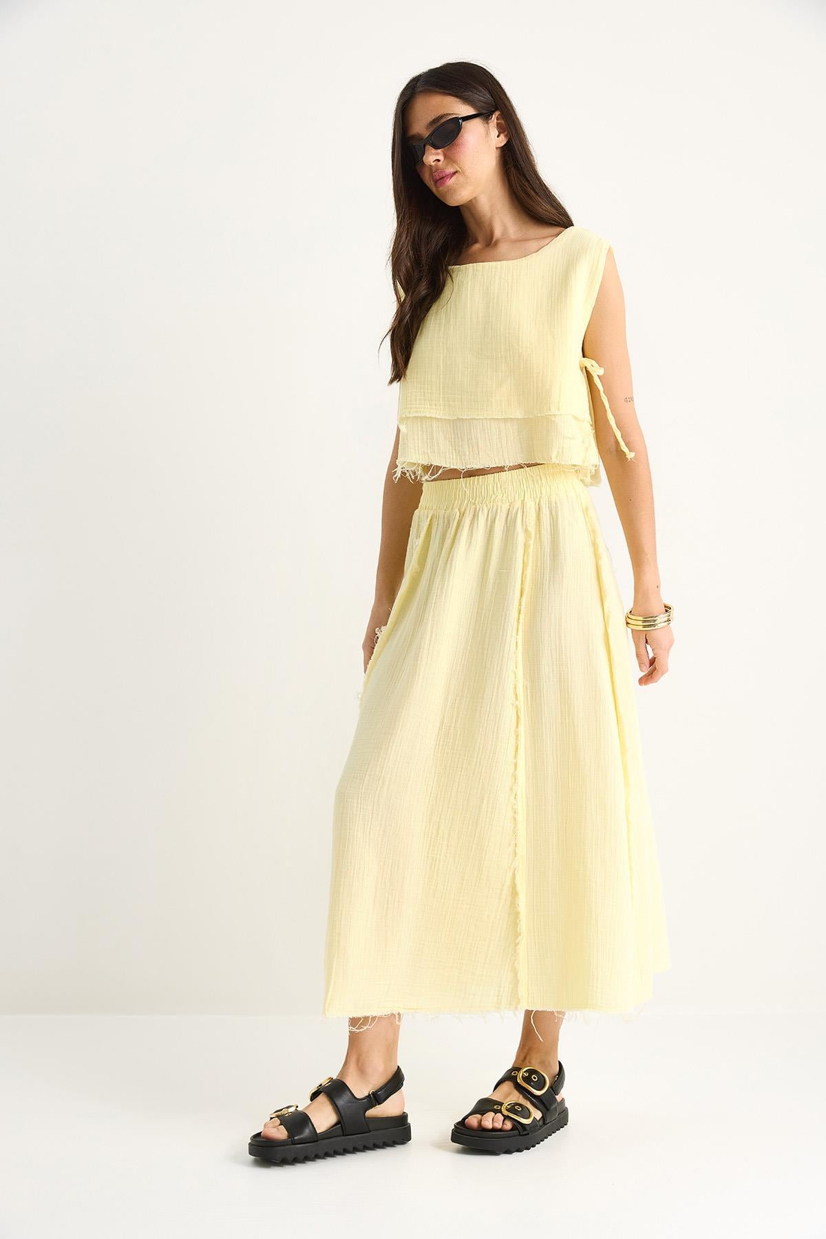 Elastic Waist Skirt with Side Tie Detail Crop Muslin Top and Bottom Set 60283236 - Lemon Yellow