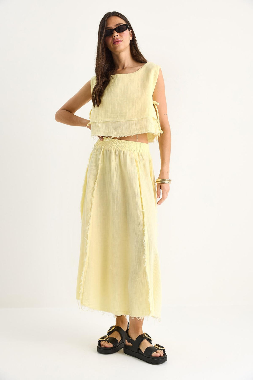 Elastic Waist Skirt with Side Tie Detail Crop Muslin Top and Bottom Set 60283236 - Lemon Yellow