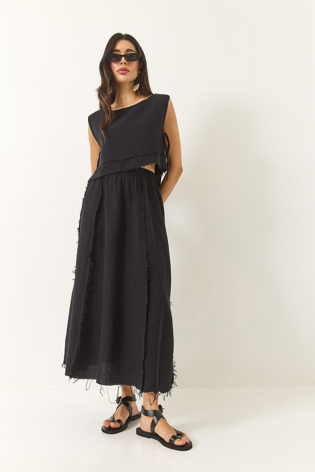 Elastic Waist Skirt with Side Tie Detail Crop Muslin Top and Bottom Set 60283236 - Black