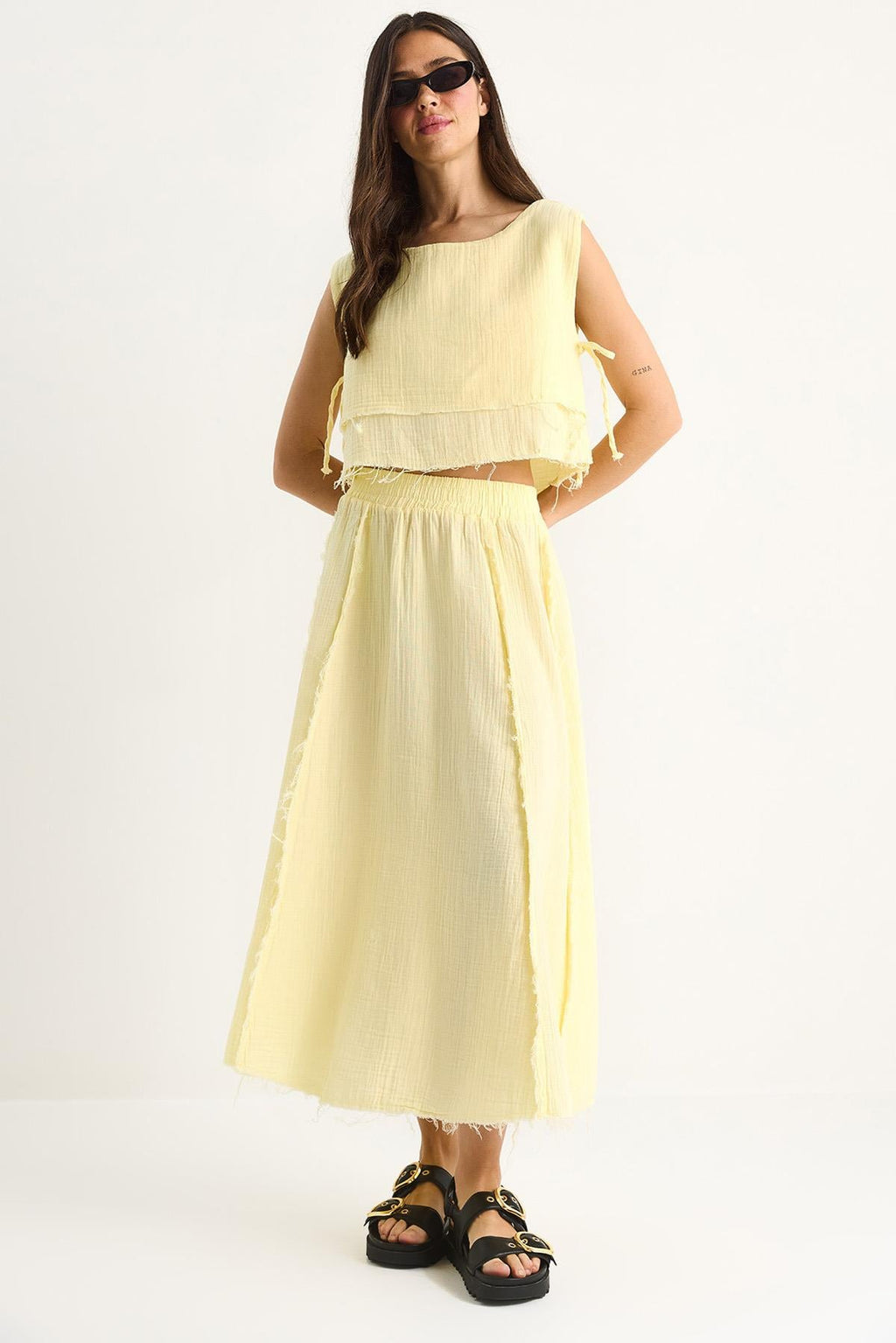 Elastic Waist Skirt with Side Tie Detail Crop Muslin Top and Bottom Set 60283236 - Lemon Yellow