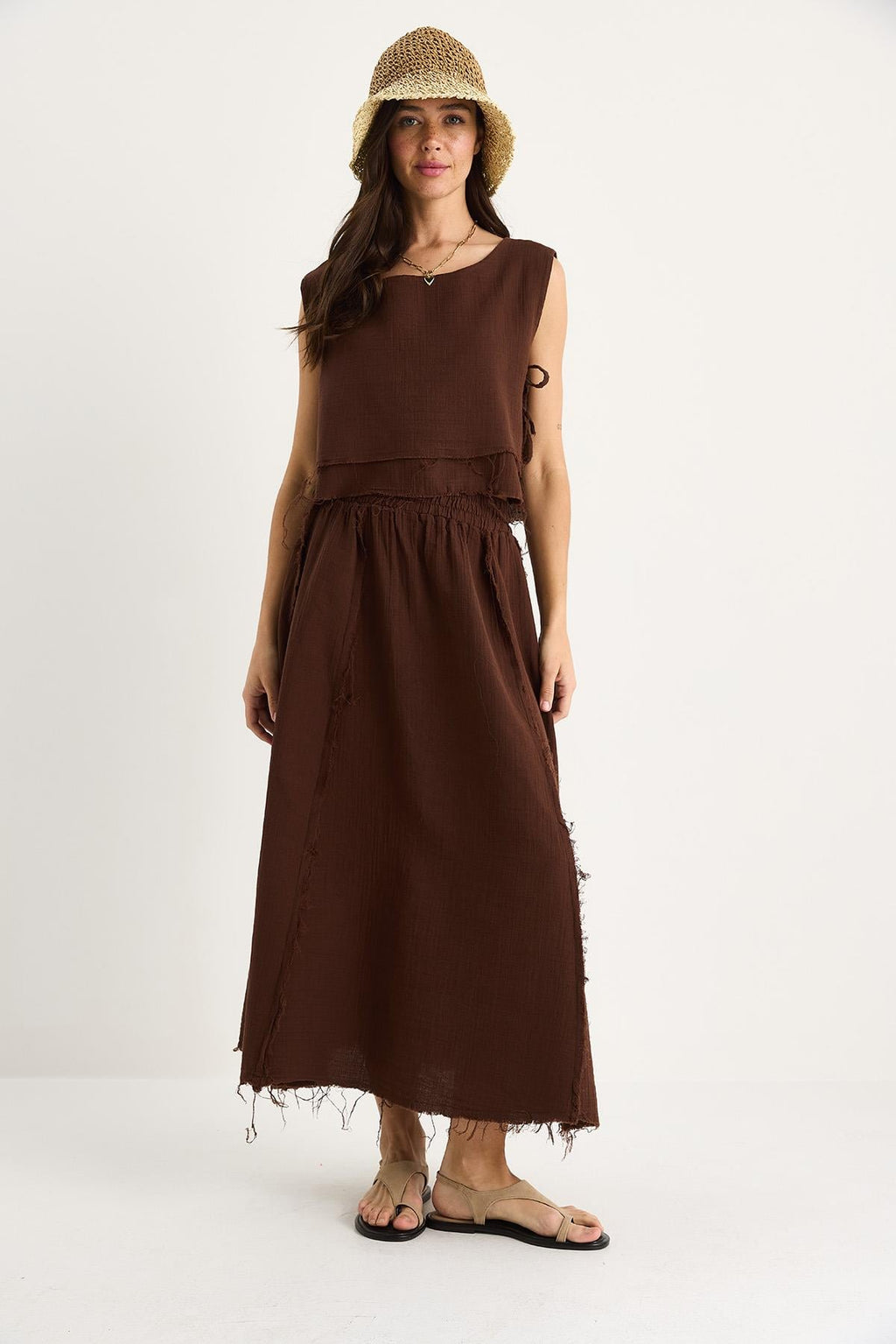 Elastic Waist Skirt with Side Tie Detail Crop Muslin Top and Bottom Set 60283236 - Brown