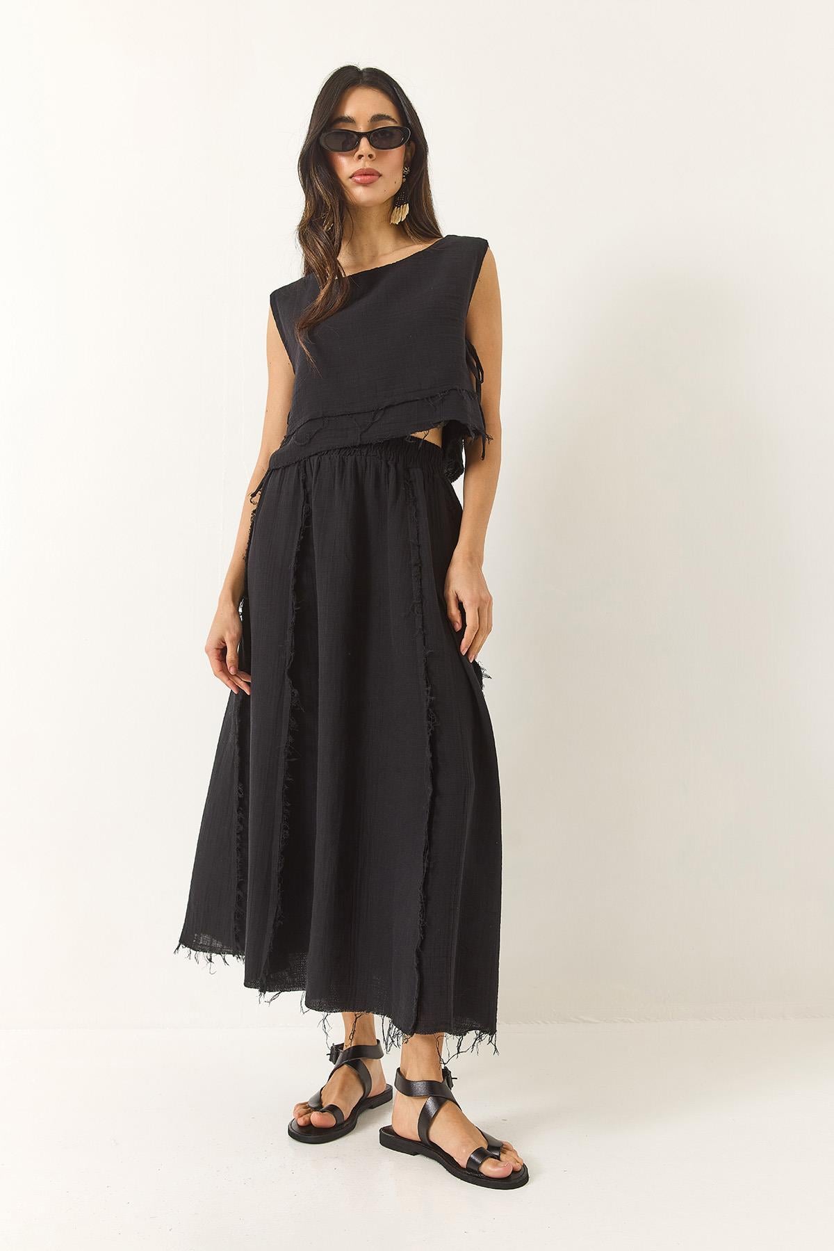 Elastic Waist Skirt with Side Tie Detail Crop Muslin Top and Bottom Set 60283236 - Black