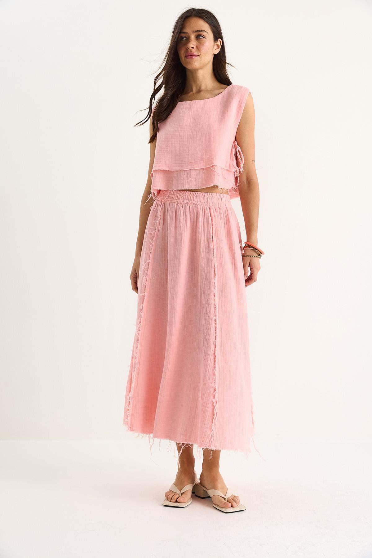 Elastic Waist Skirt with Side Tie Detail Crop Muslin Top and Bottom Set 60283236 - Candy Pink