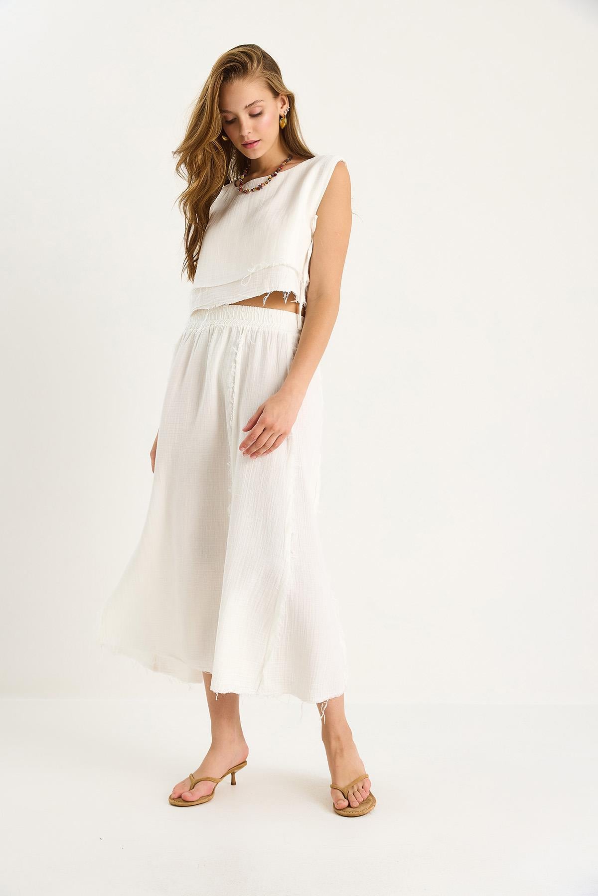 Elastic Waist Skirt with Side Tie Detail Crop Muslin Top and Bottom Set 60283236 - Ecru