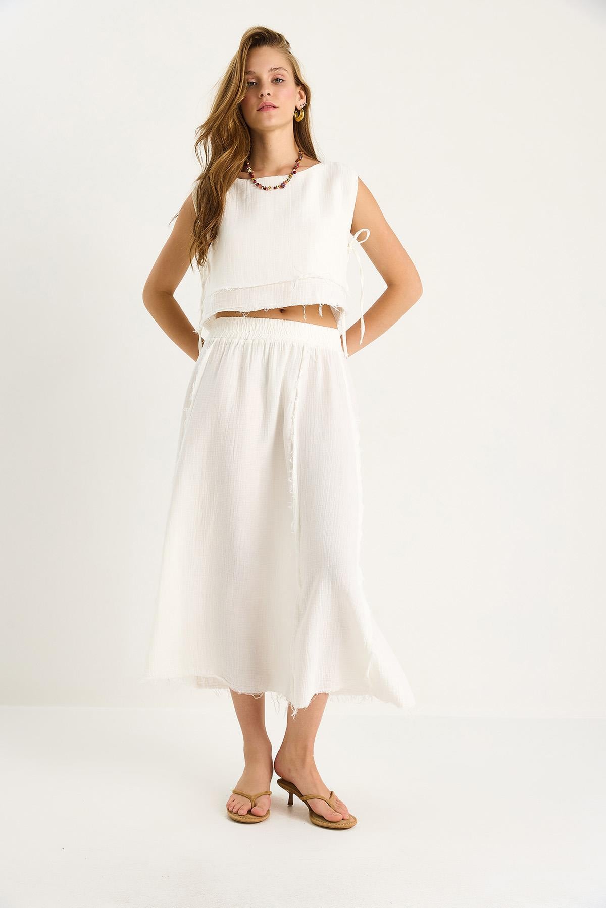 Elastic Waist Skirt with Side Tie Detail Crop Muslin Top and Bottom Set 60283236 - Ecru