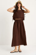 Elastic Waist Skirt with Side Tie Detail Crop Muslin Top and Bottom Set 60283236 - Brown