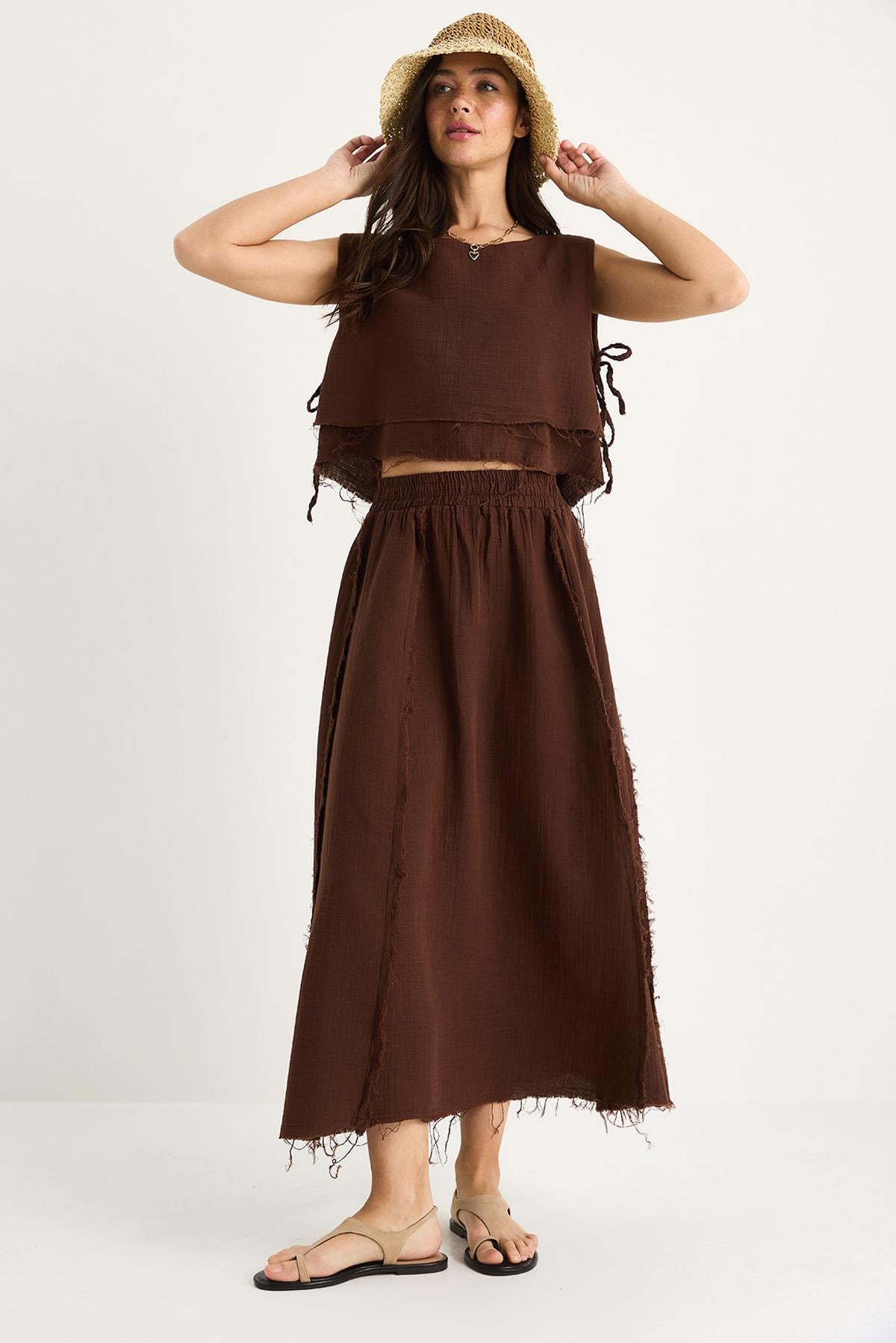 Elastic Waist Skirt with Side Tie Detail Crop Muslin Top and Bottom Set 60283236 - Brown
