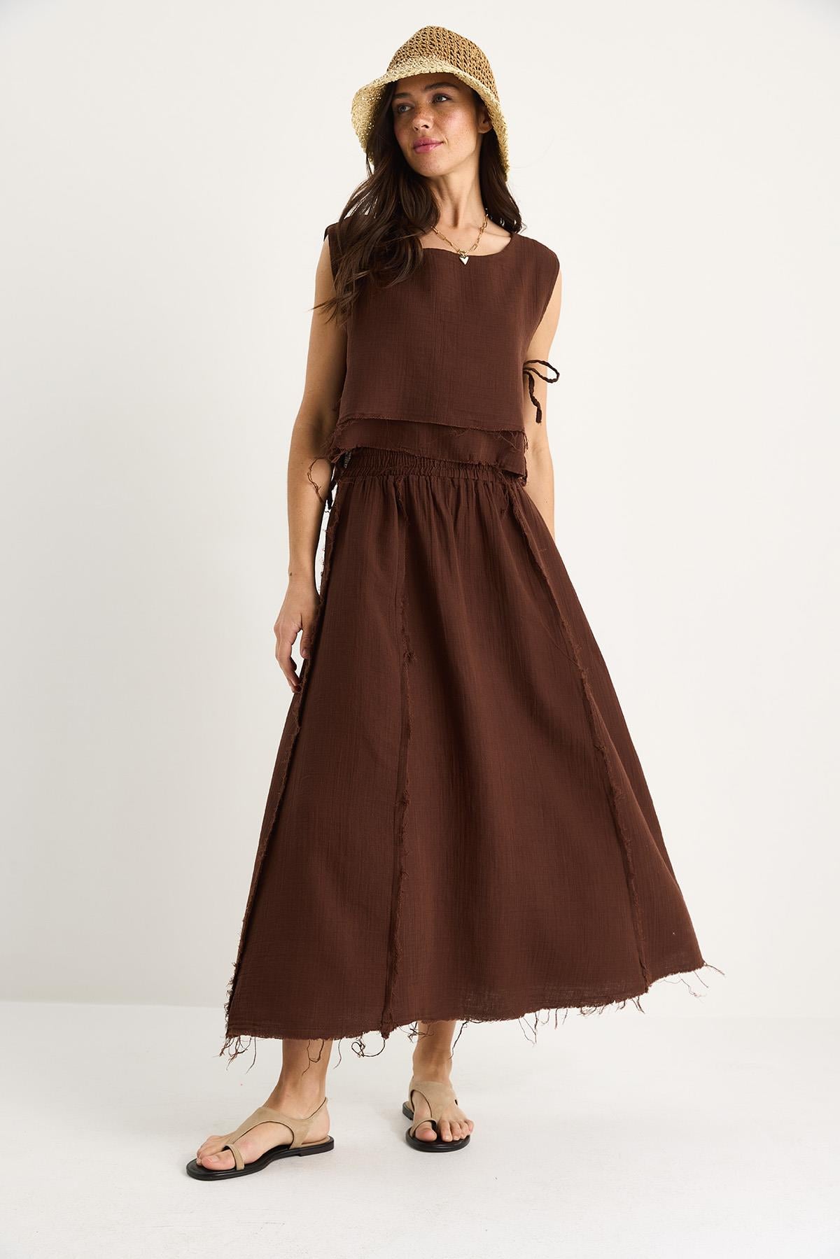 Elastic Waist Skirt with Side Tie Detail Crop Muslin Top and Bottom Set 60283236 - Brown