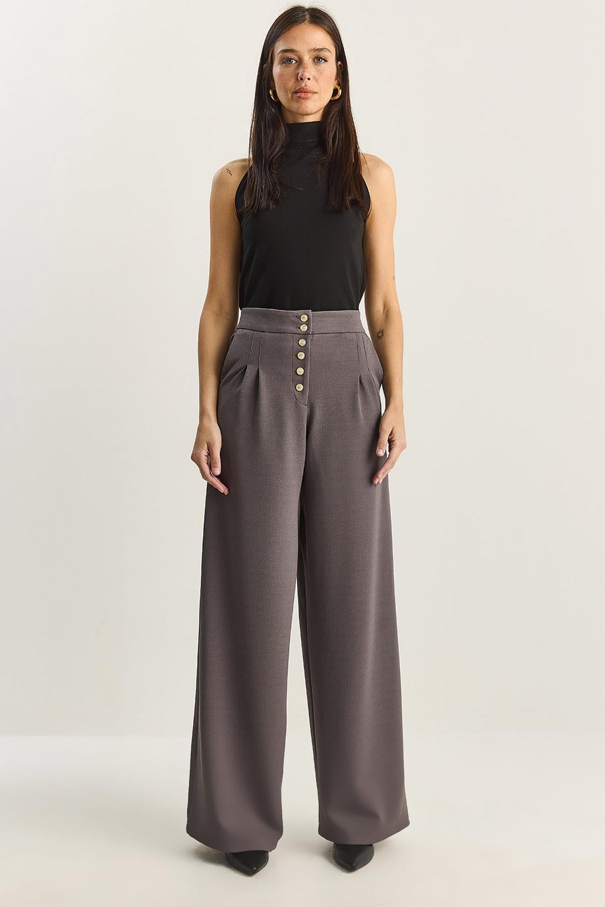 Gold Button Detail Pleated High-Waisted Palazzo Pants 60282038 - Grey