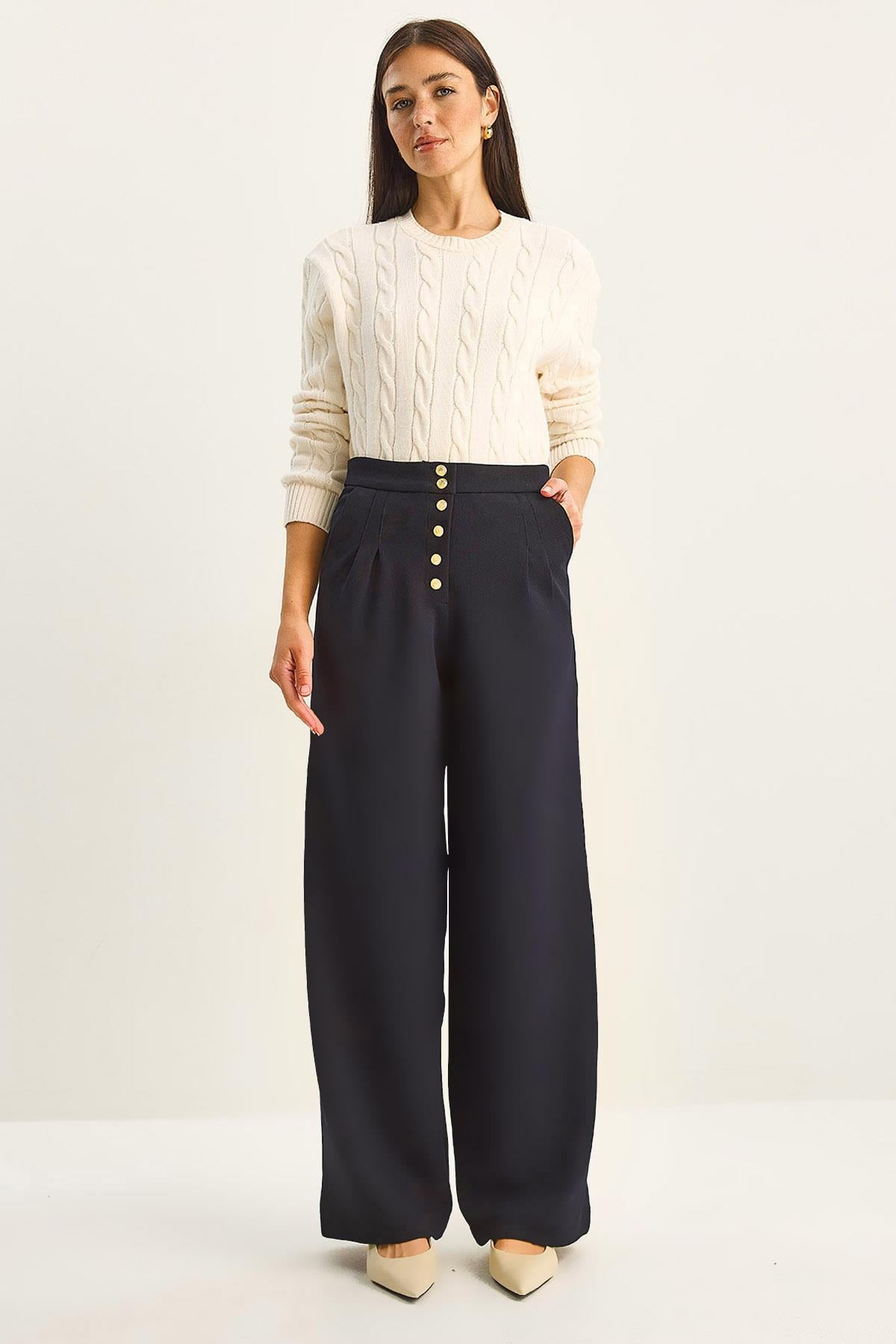 Gold Button Detail Pleated High-Waisted Palazzo Pants 60282038 - Navy Blue