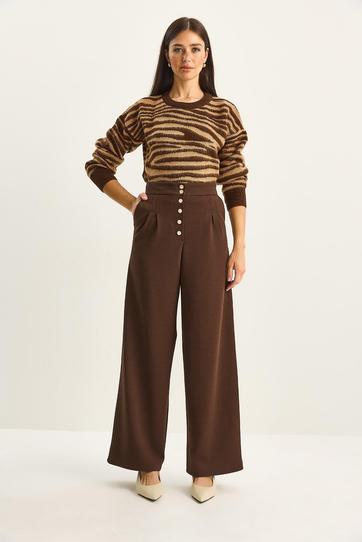 Gold Button Detail Pleated High-Waisted Palazzo Pants 60282038 - Brown