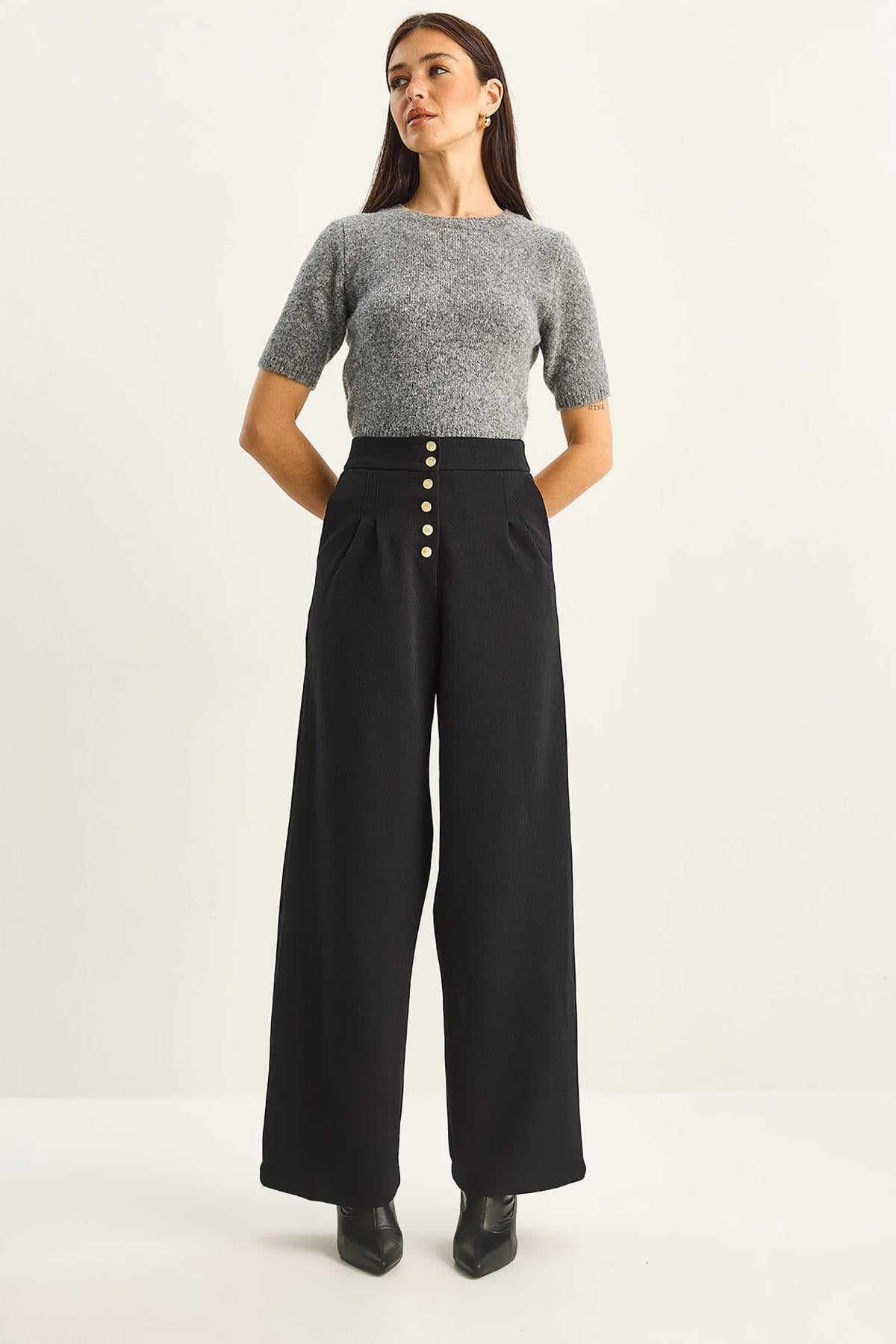 Gold Button Detail Pleated High-Waisted Palazzo Pants 60282038 - Black