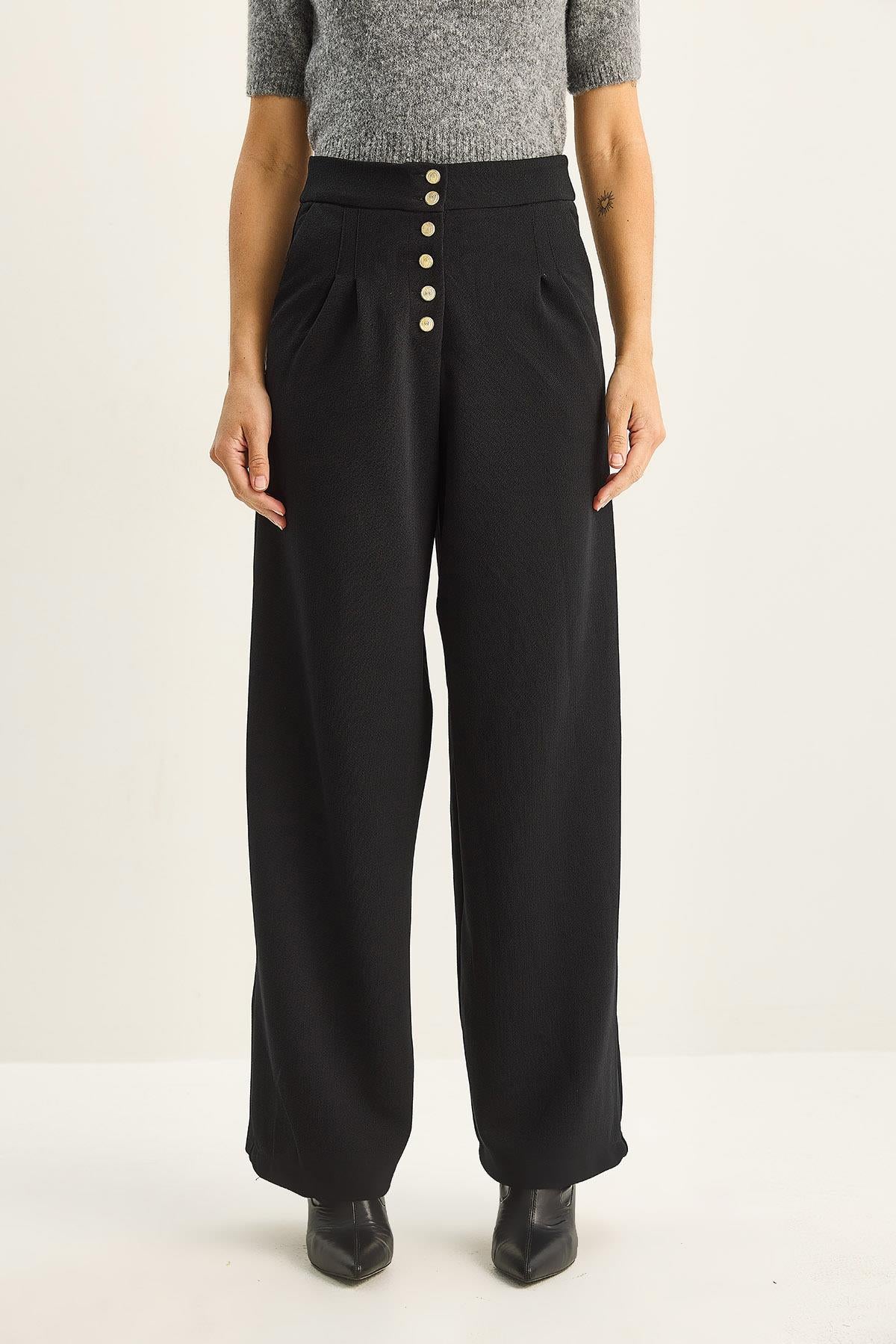 Gold Button Detail Pleated High-Waisted Palazzo Pants 60282038 - Black