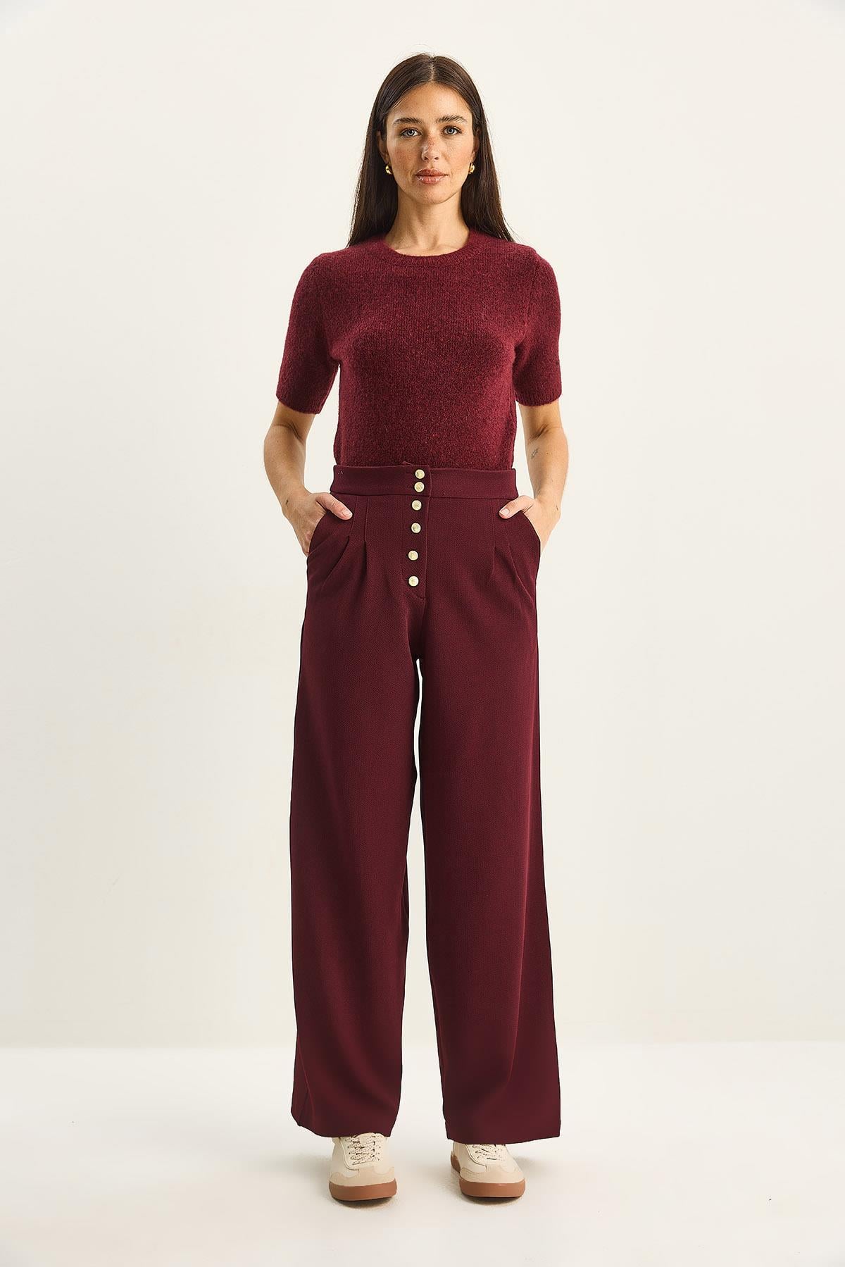 Gold Button Detail Pleated High-Waisted Palazzo Pants 60282038 - Burgundy