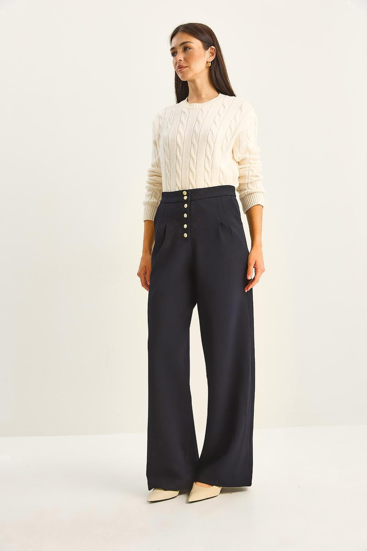 Gold Button Detail Pleated High-Waisted Palazzo Pants 60282038 - Navy Blue