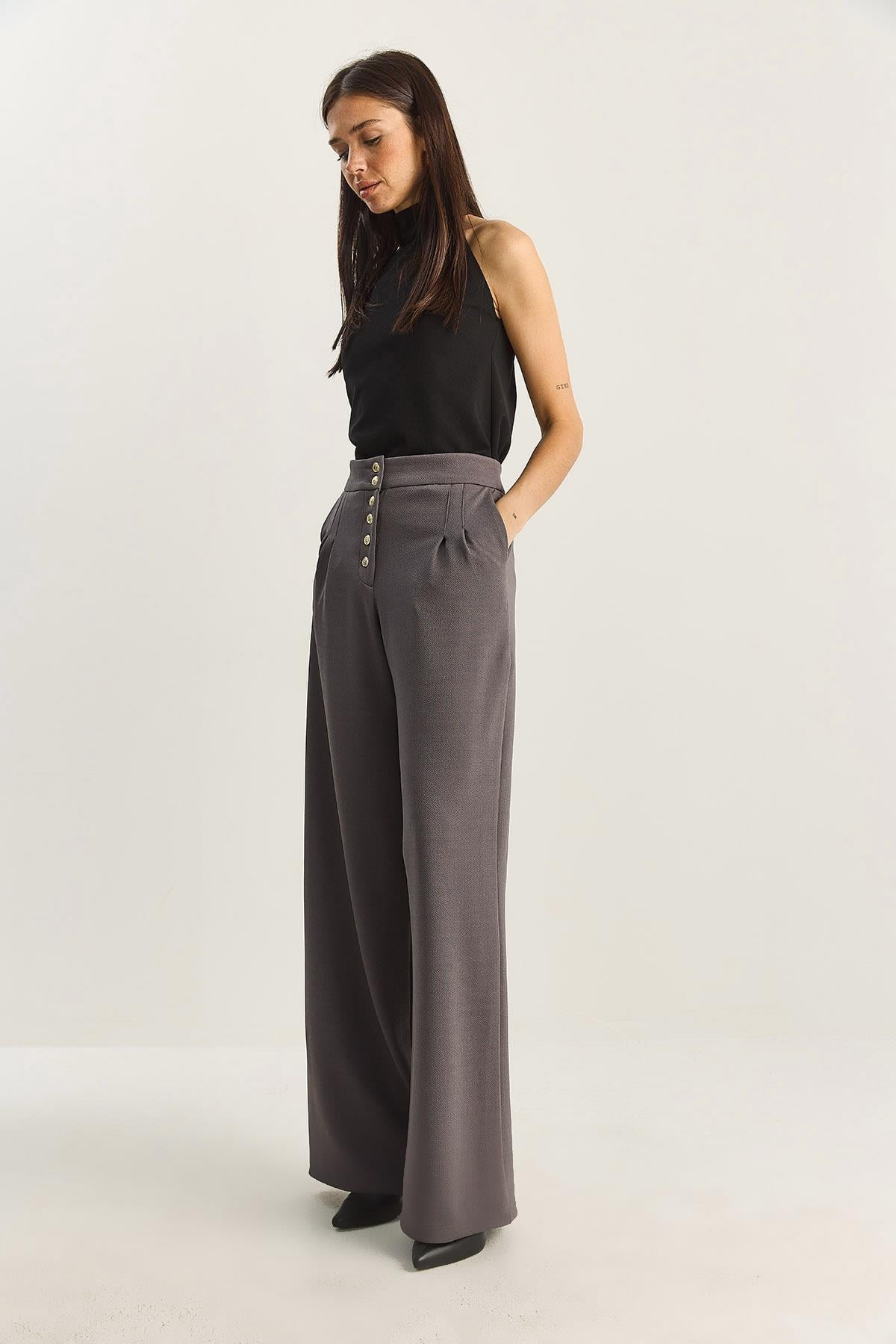 Gold Button Detail Pleated High-Waisted Palazzo Pants 60282038 - Grey