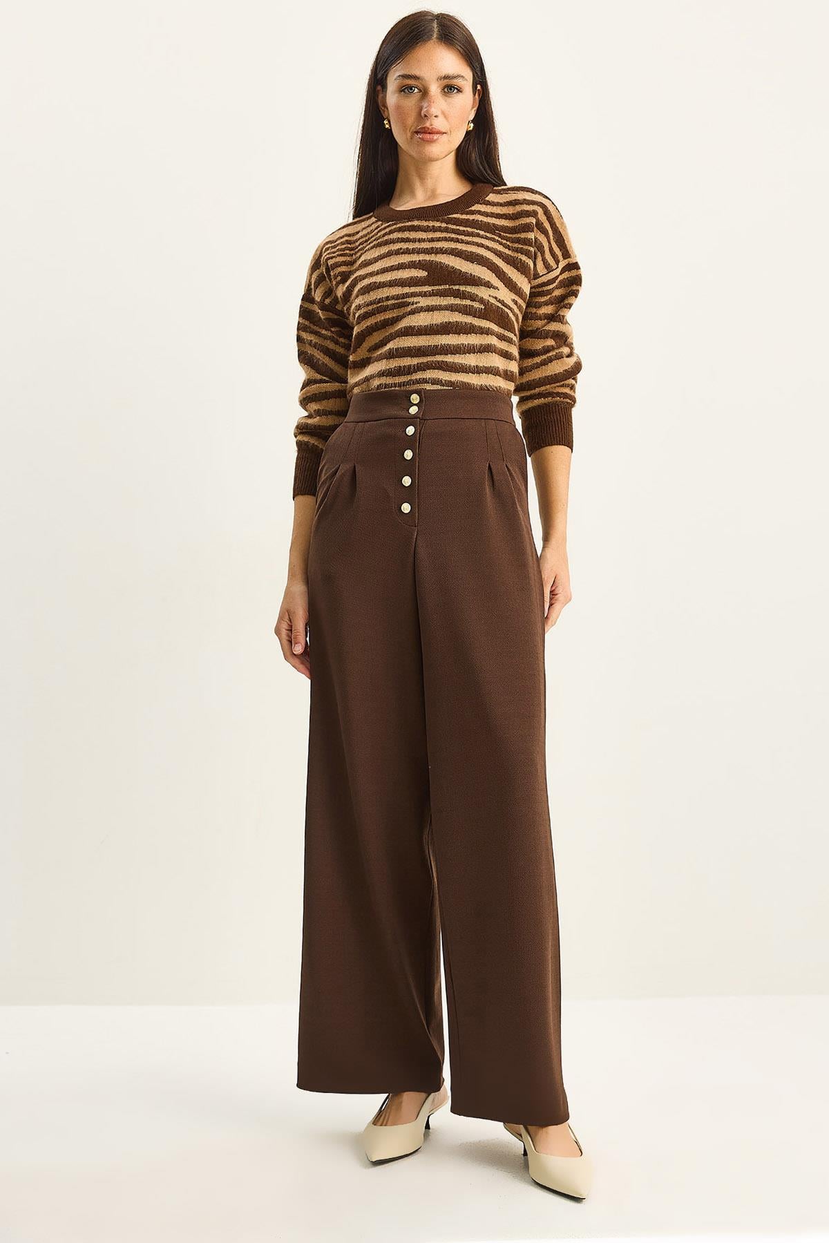Gold Button Detail Pleated High-Waisted Palazzo Pants 60282038 - Brown
