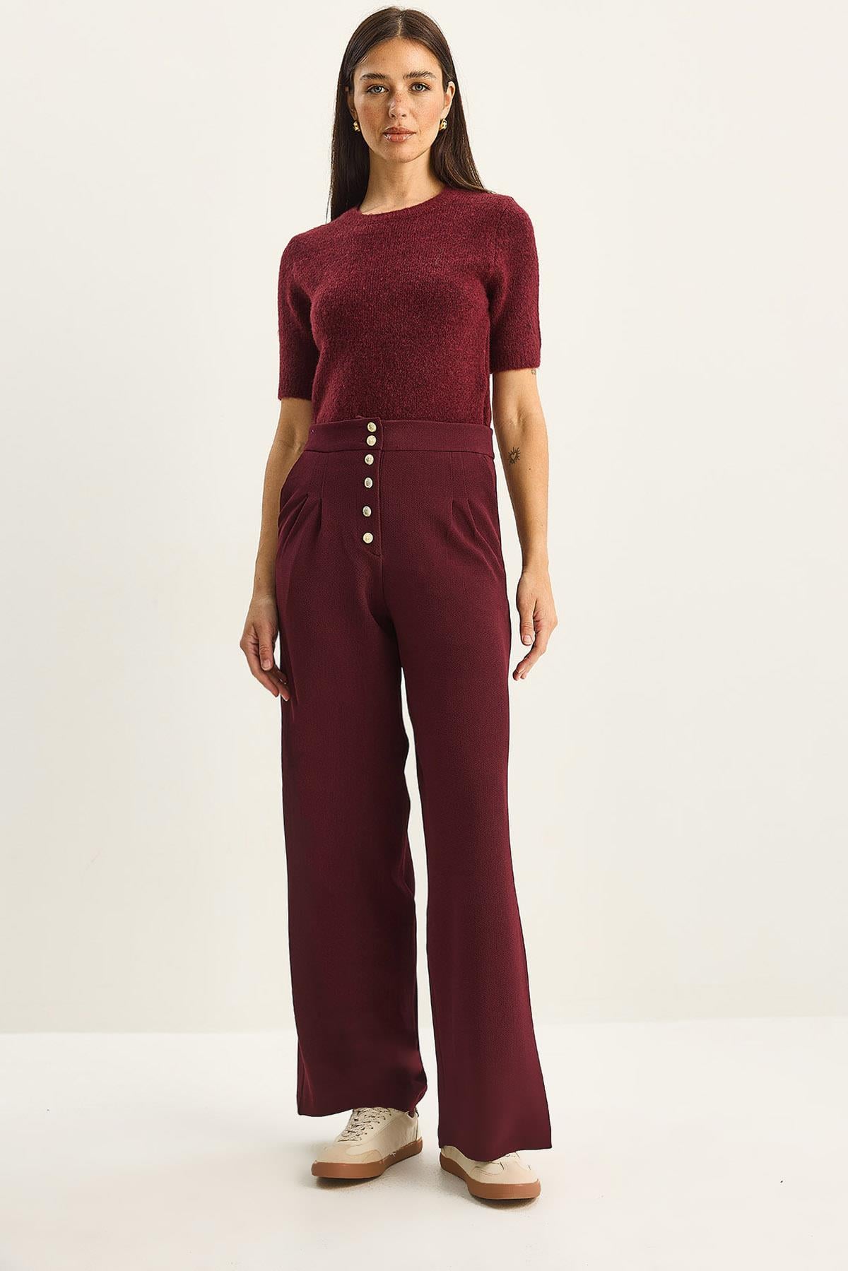 Gold Button Detail Pleated High-Waisted Palazzo Pants 60282038 - Burgundy