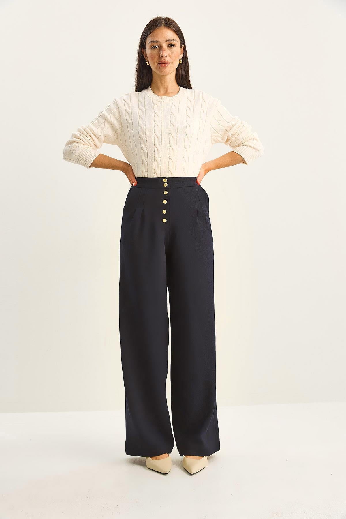 Gold Button Detail Pleated High-Waisted Palazzo Pants 60282038 - Navy Blue