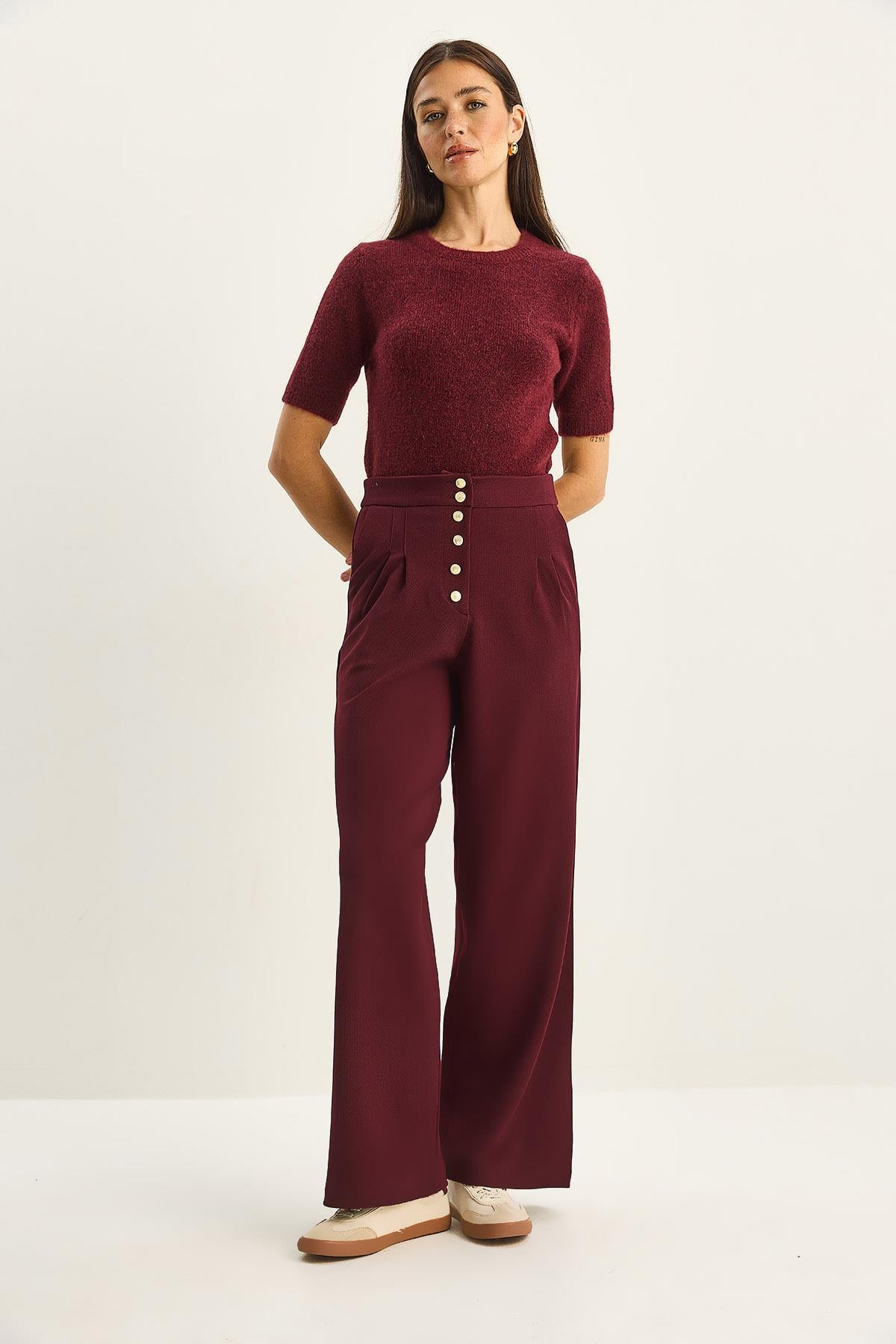 Gold Button Detail Pleated High-Waisted Palazzo Pants 60282038 - Burgundy