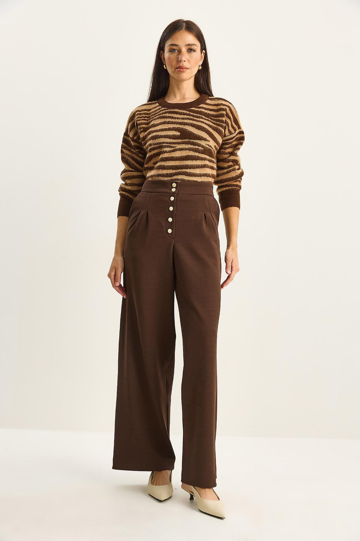 Gold Button Detail Pleated High-Waisted Palazzo Pants 60282038 - Brown