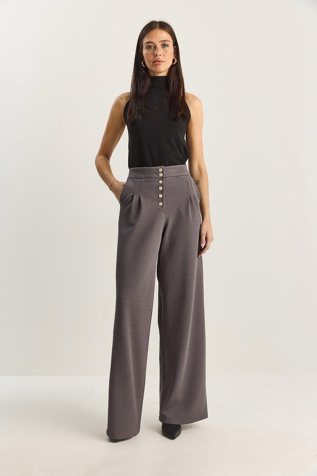 Gold Button Detail Pleated High-Waisted Palazzo Pants 60282038 - Grey