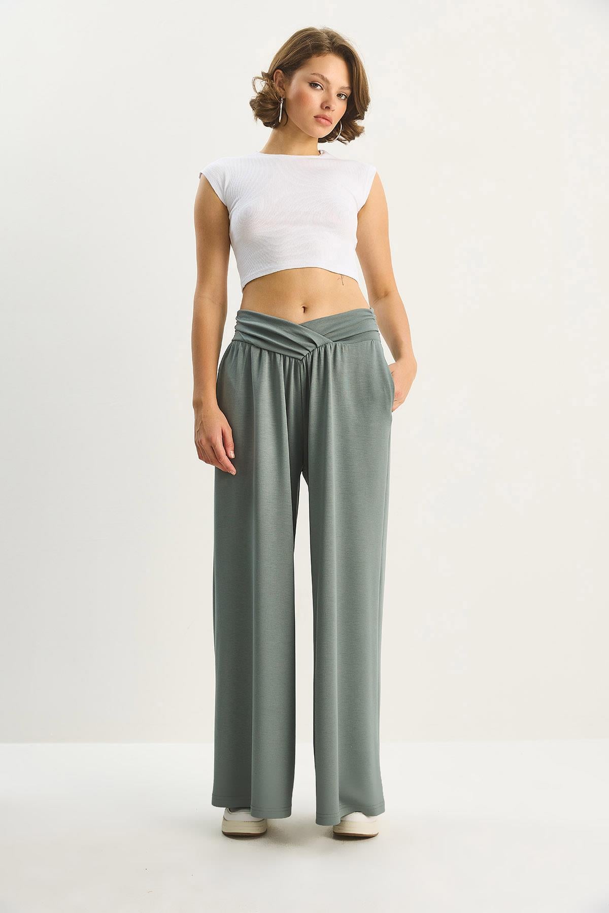 Women's Asymmetrical Waist Detail Pocketed Comfortable Modal Trousers 2137 60283657 - Dark Mint