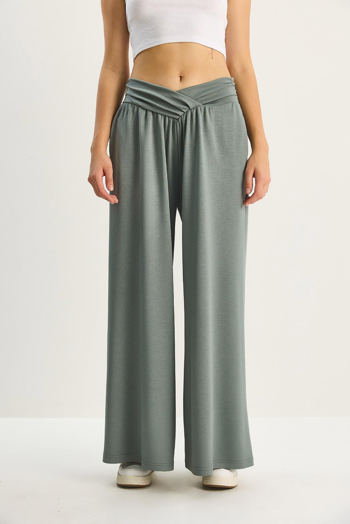 Women's Asymmetrical Waist Detail Pocketed Comfortable Modal Trousers 2137 60283657 - Dark Mint