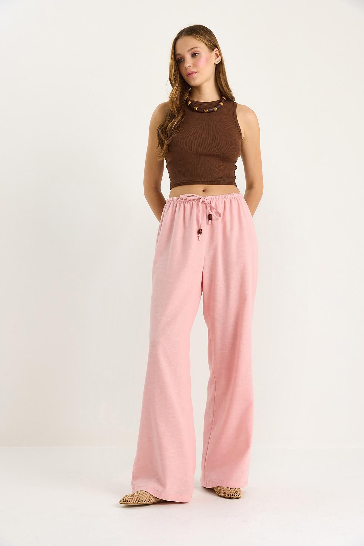 Women's Waist-Tie Slim Linen Summer Wide-Leg Trousers 3236 60281079 - Pink