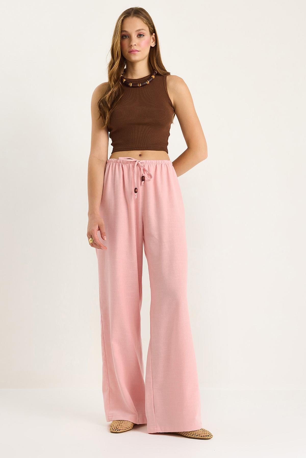 Women's Waist-Tie Slim Linen Summer Wide-Leg Trousers 3236 60281079 - Pink