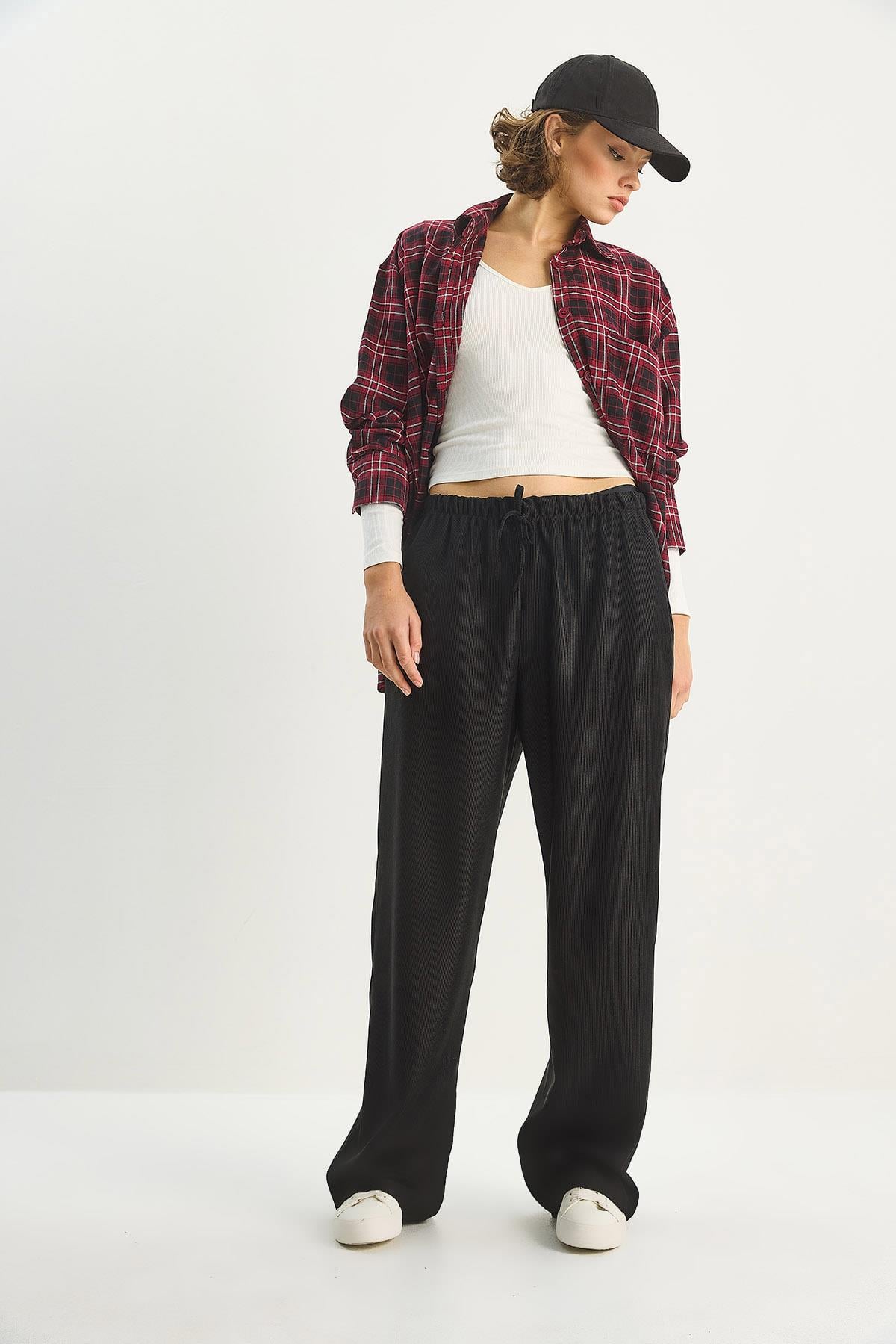 Women's Elastic Waist, Pocket Detail, Ribbed Palazzo Trousers 207 60283671 - Black