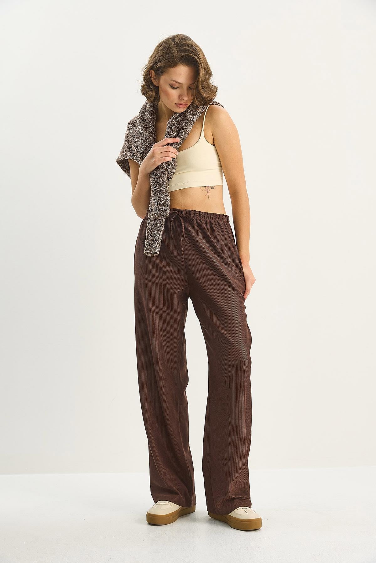 Women's Elastic Waist, Pocket Detail, Ribbed Palazzo Trousers 207 60283671 - Dark Brown