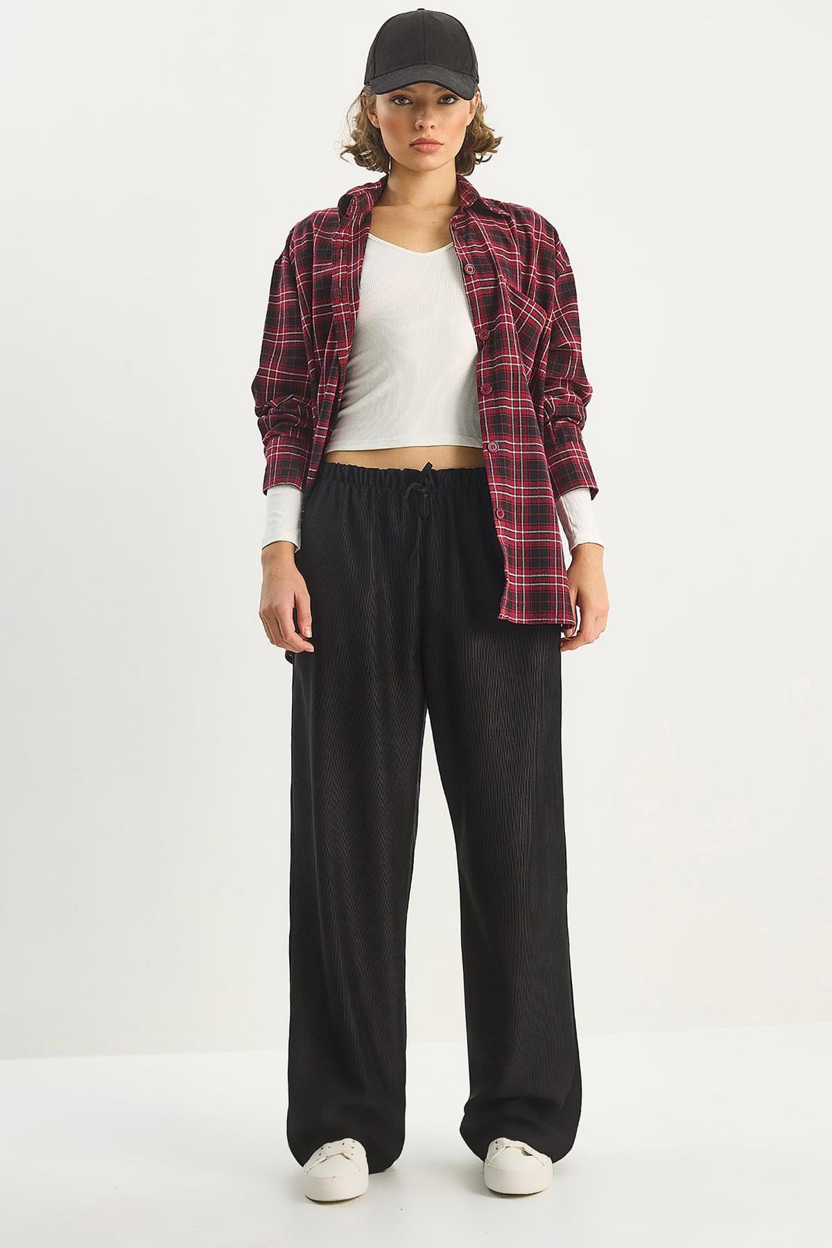 Women's Elastic Waist, Pocket Detail, Ribbed Palazzo Trousers 207 60283671 - Black