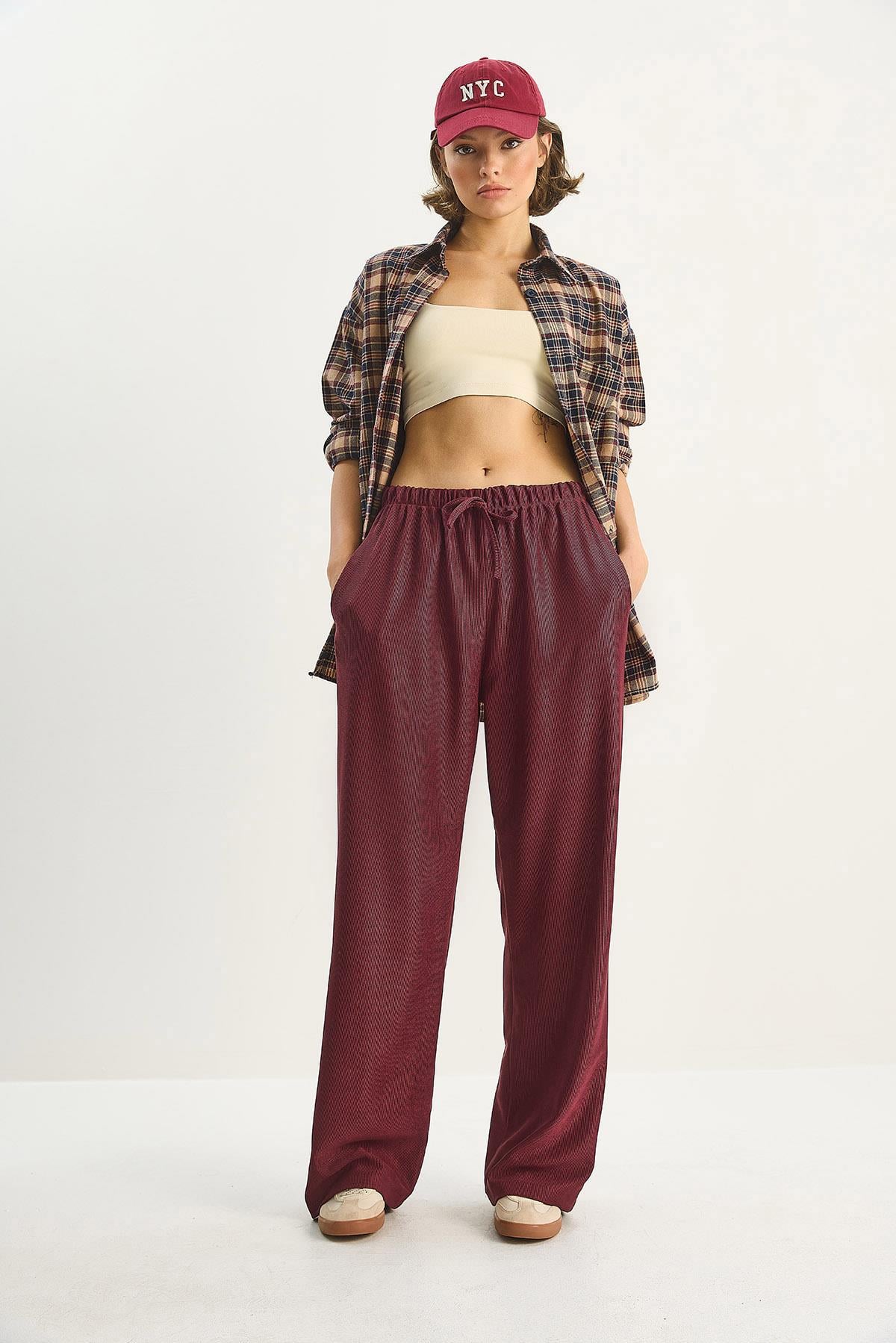 Women's Elastic Waist, Pocket Detail, Ribbed Palazzo Trousers 207 60283671 - Burgundy