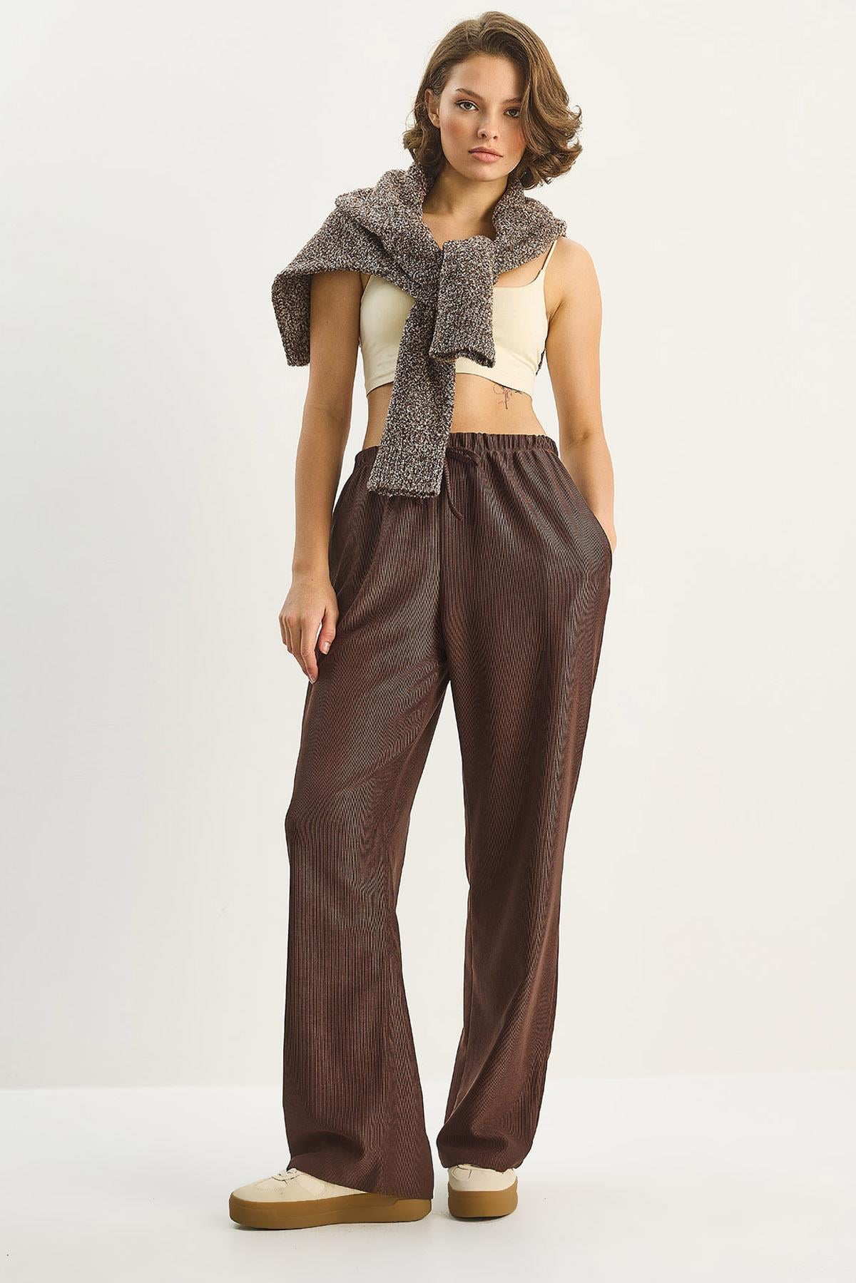Women's Elastic Waist, Pocket Detail, Ribbed Palazzo Trousers 207 60283671 - Dark Brown