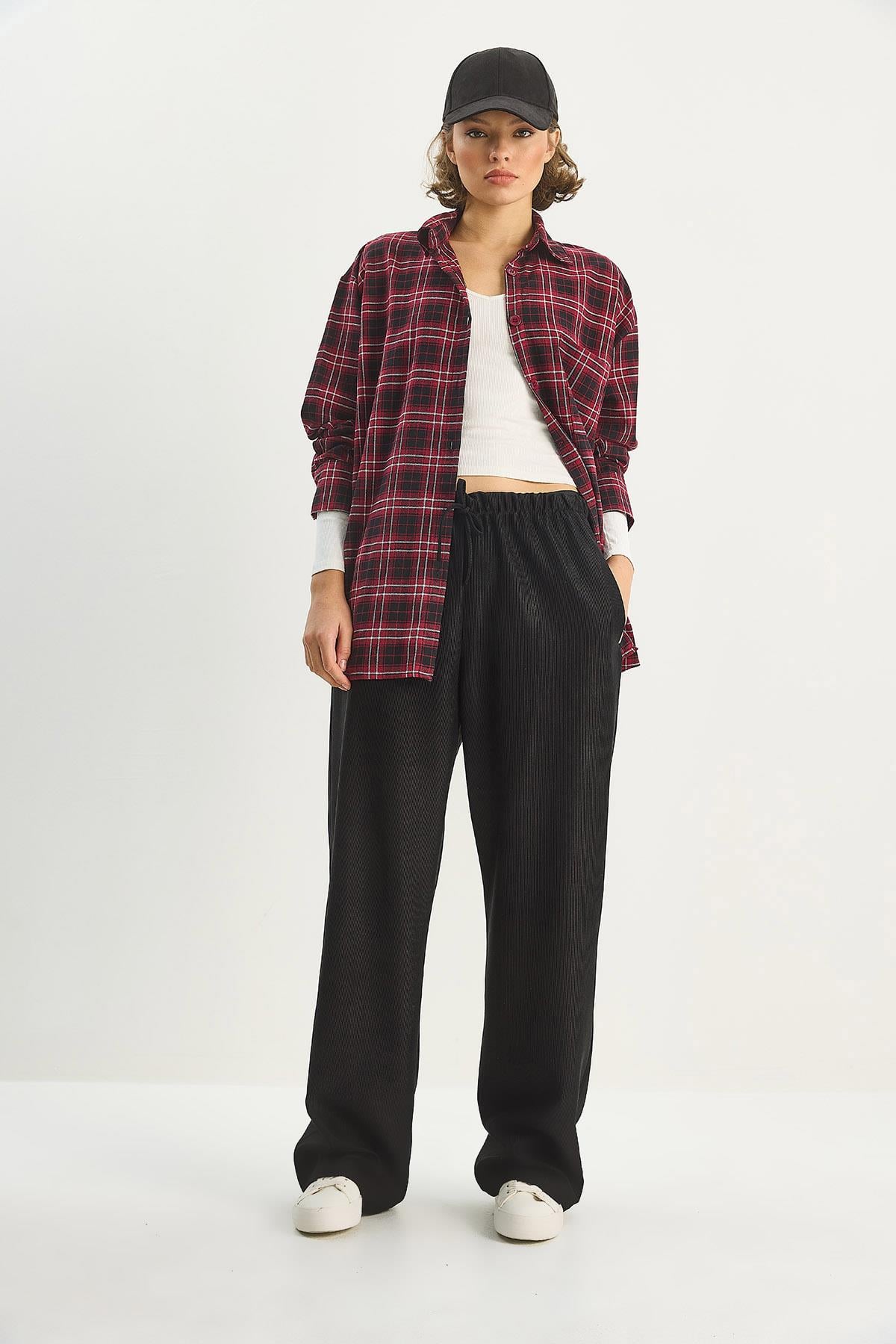 Women's Elastic Waist, Pocket Detail, Ribbed Palazzo Trousers 207 60283671 - Black